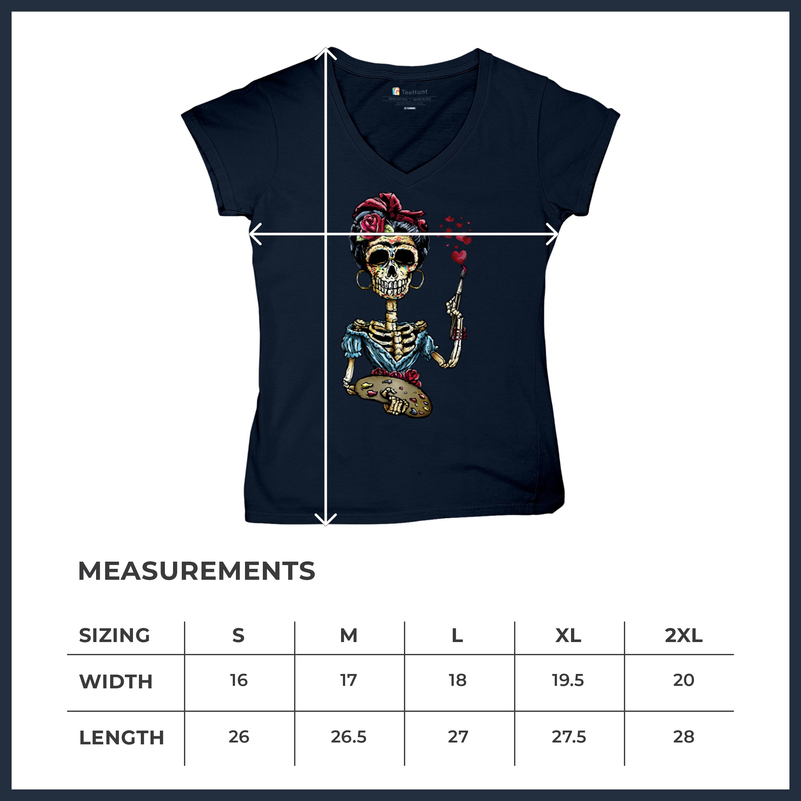 Frida Kahlo Sugar Skull Women's V-Neck T-shirt Calavera Day of the Dead Tee - Picture 43 of 71