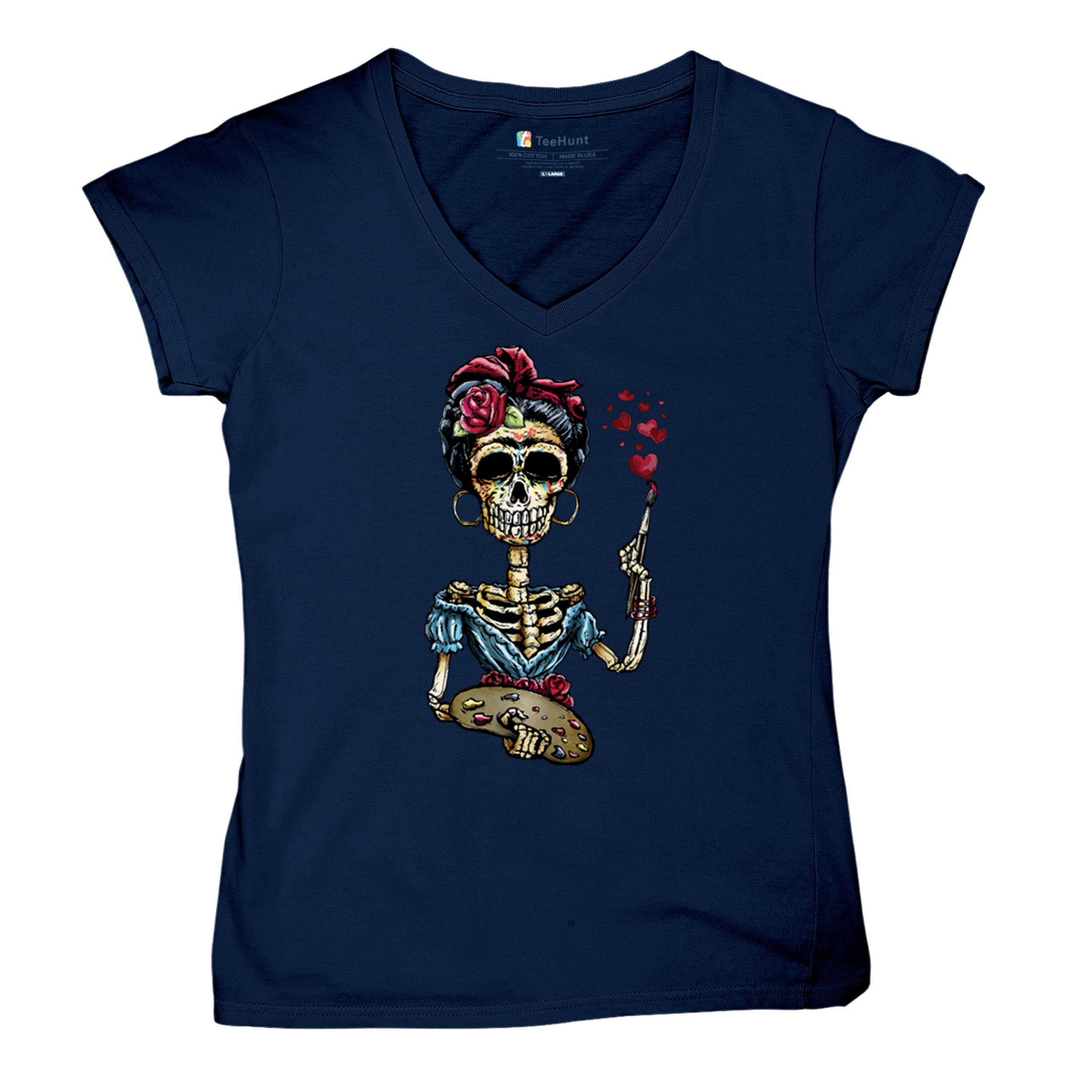 Frida Kahlo Sugar Skull Women's V-Neck T-shirt Calavera Day of the Dead Tee - Picture 41 of 71
