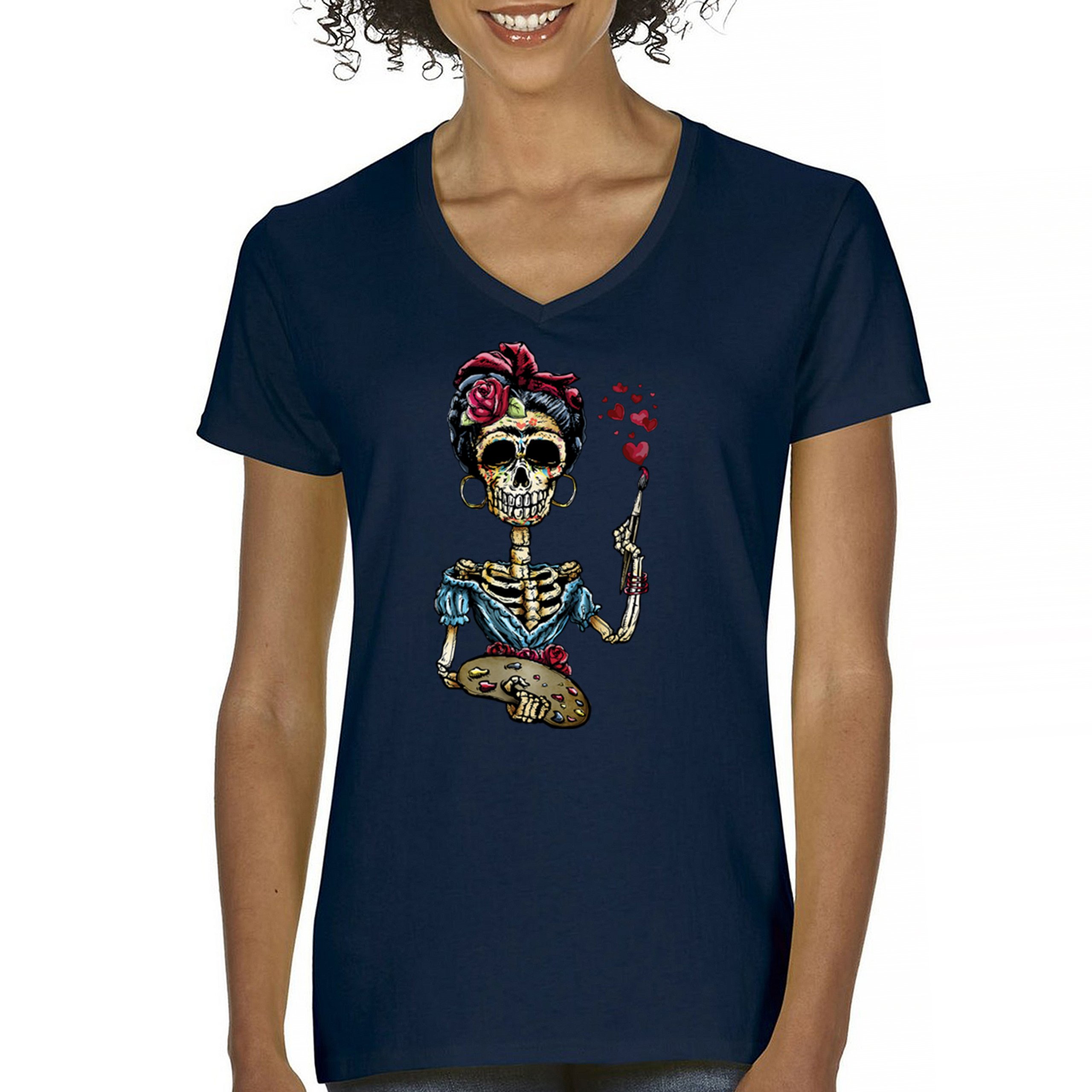 Frida Kahlo Sugar Skull Women's V-Neck T-shirt Calavera Day of the Dead Tee - Picture 37 of 71