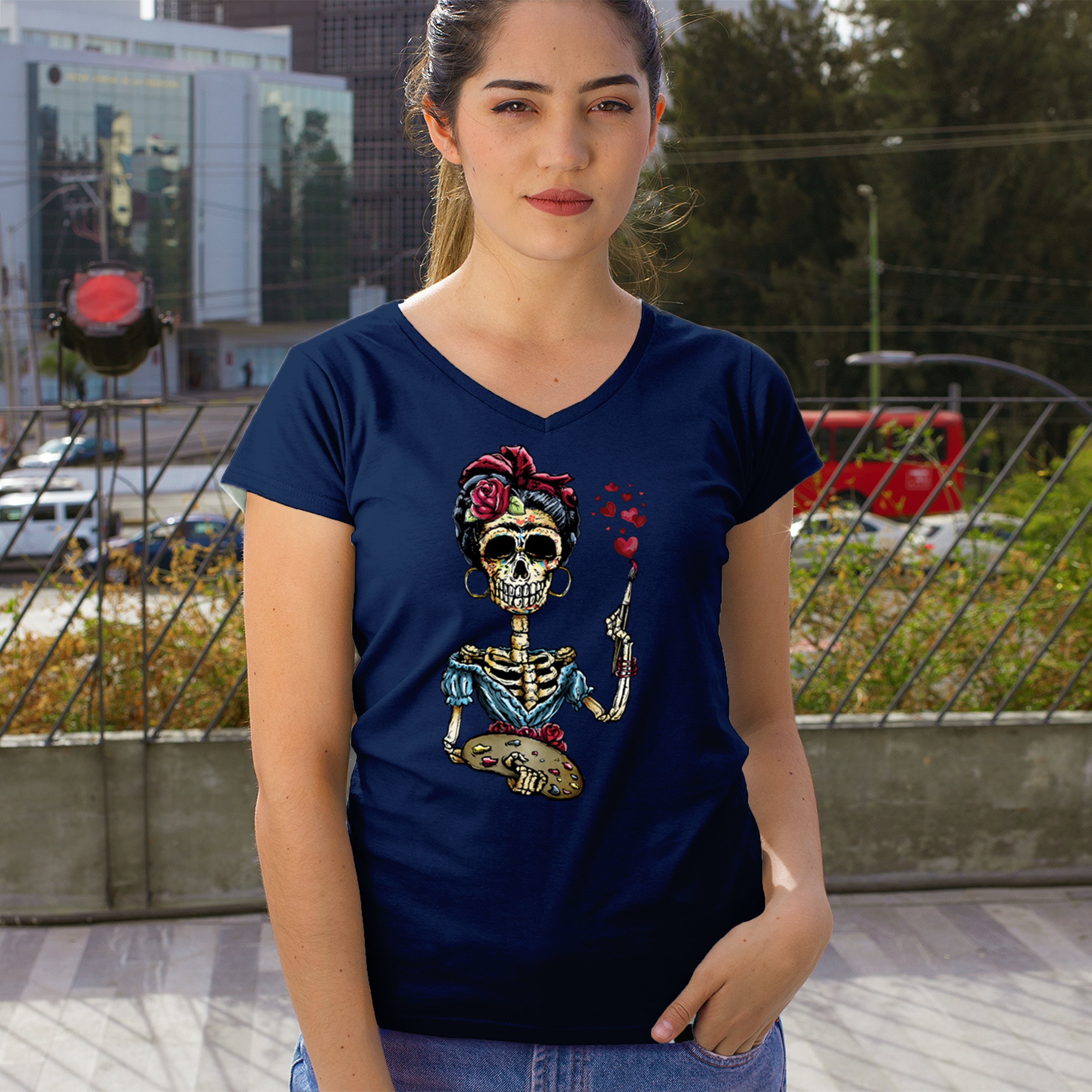 Frida Kahlo Sugar Skull Women's V-Neck T-shirt Calavera Day of the Dead Tee - Picture 40 of 71
