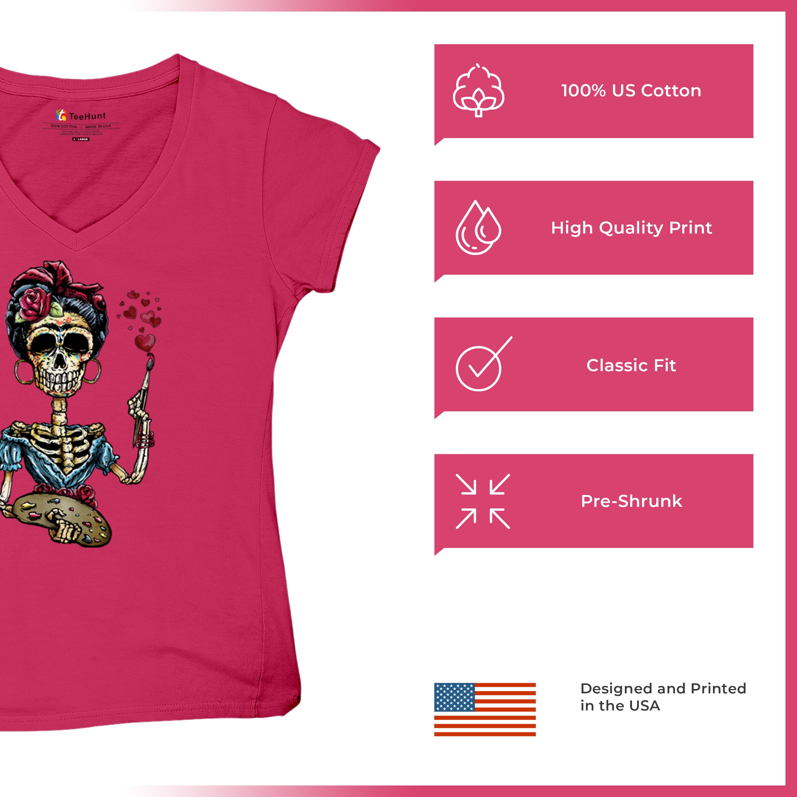 Frida Kahlo Sugar Skull Women's V-Neck T-shirt Calavera Day of the Dead Tee - Picture 63 of 71