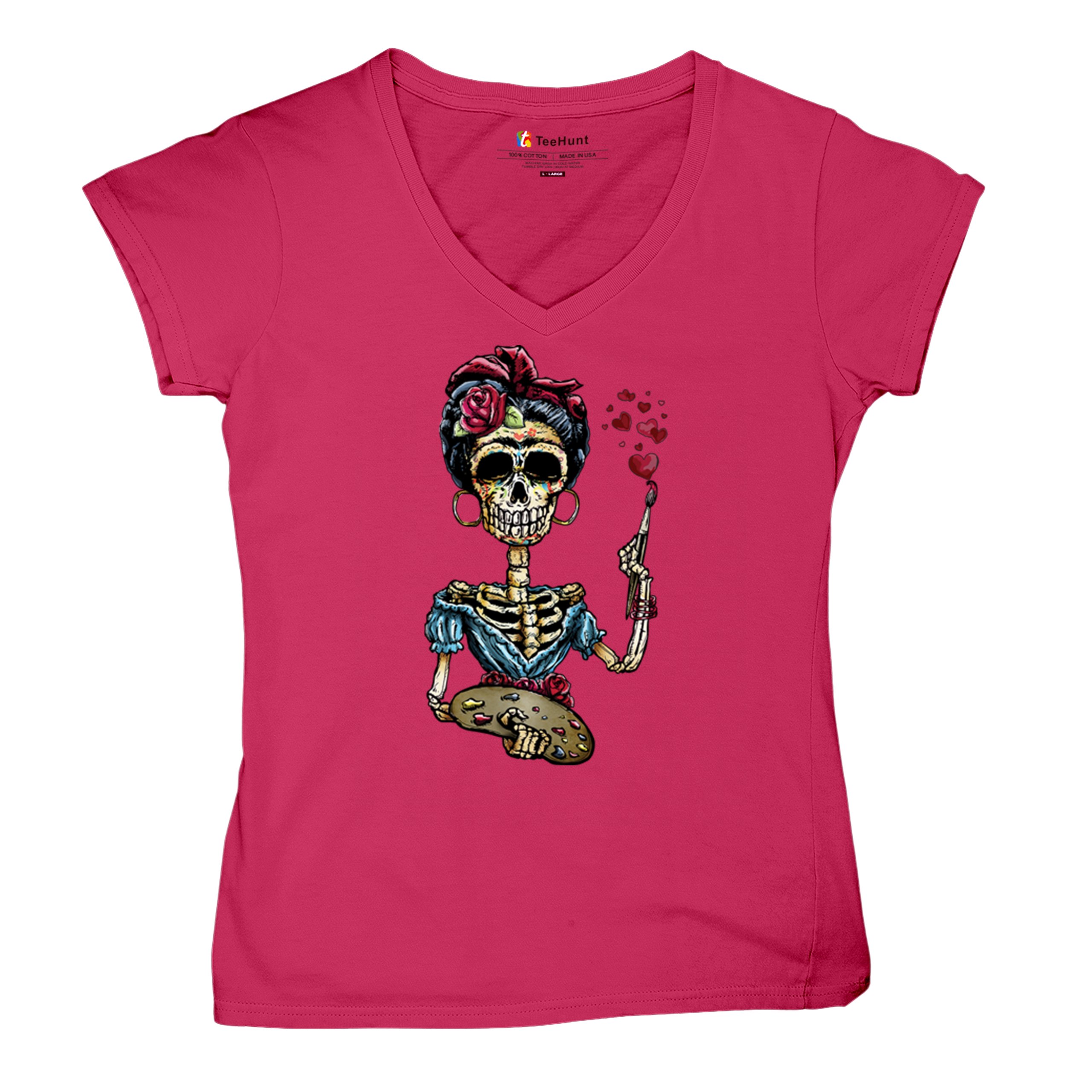 Frida Kahlo Sugar Skull Women's V-Neck T-shirt Calavera Day of the Dead Tee - Picture 62 of 71