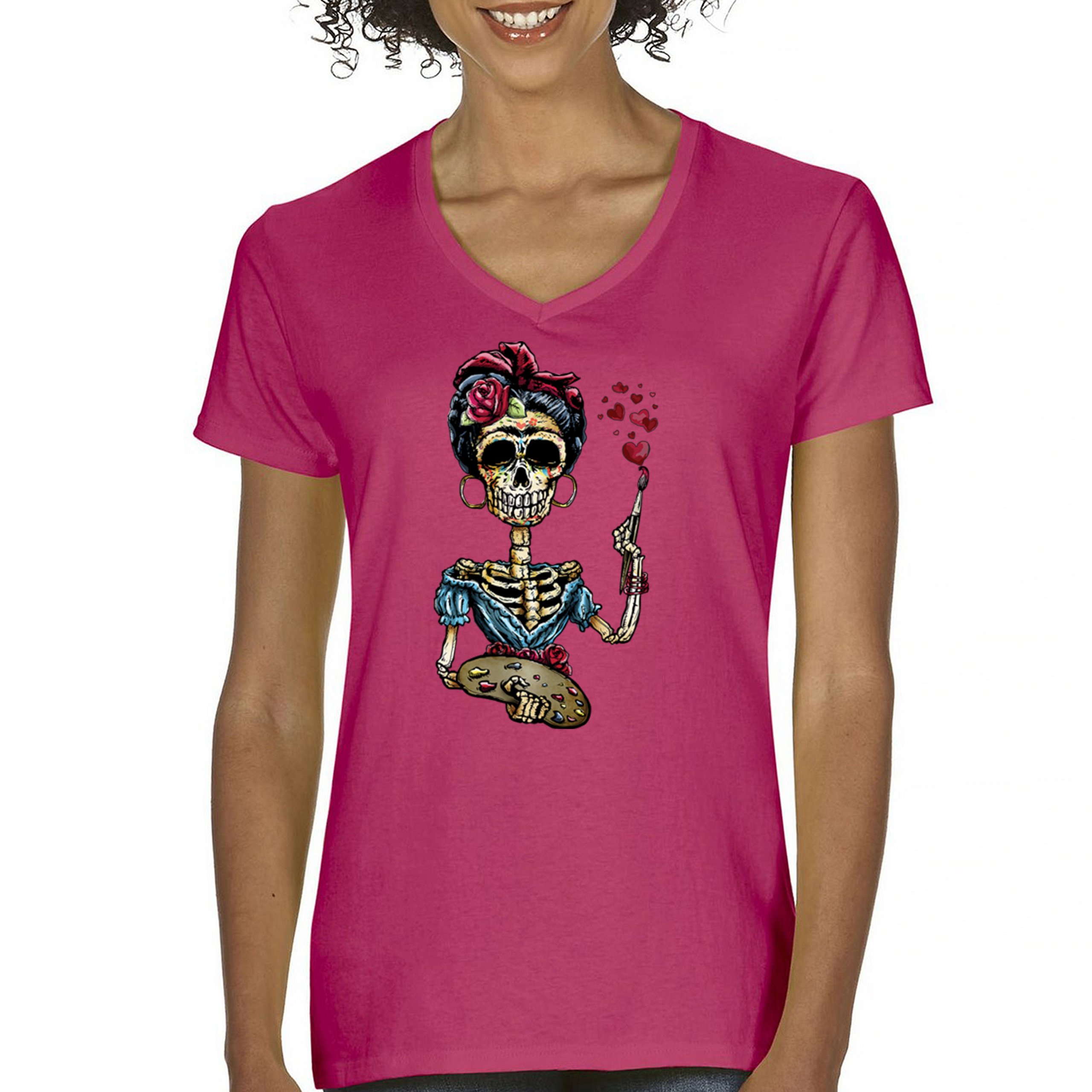 Frida Kahlo Sugar Skull Women's V-Neck T-shirt Calavera Day of the Dead Tee - Picture 58 of 71