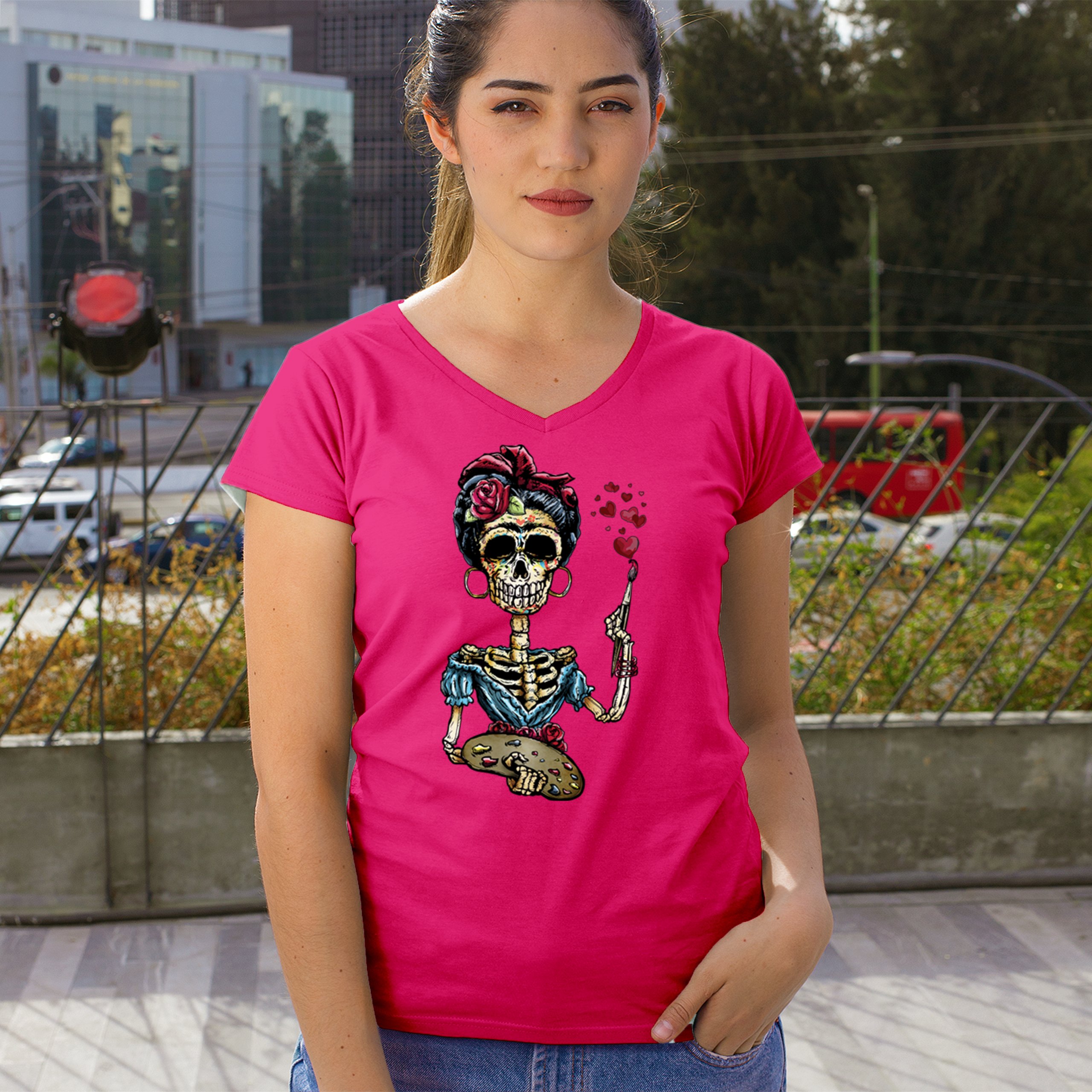 Frida Kahlo Sugar Skull Women's V-Neck T-shirt Calavera Day of the Dead Tee - Picture 61 of 71