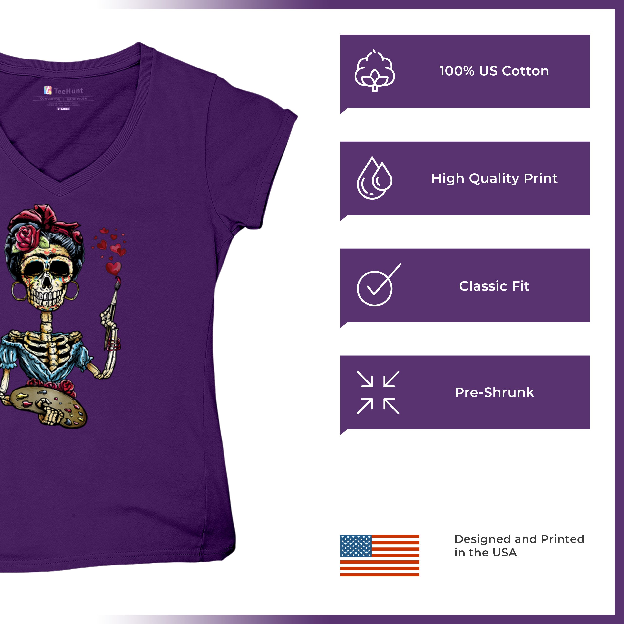 Frida Kahlo Sugar Skull Women's V-Neck T-shirt Calavera Day of the Dead Tee - Picture 21 of 71
