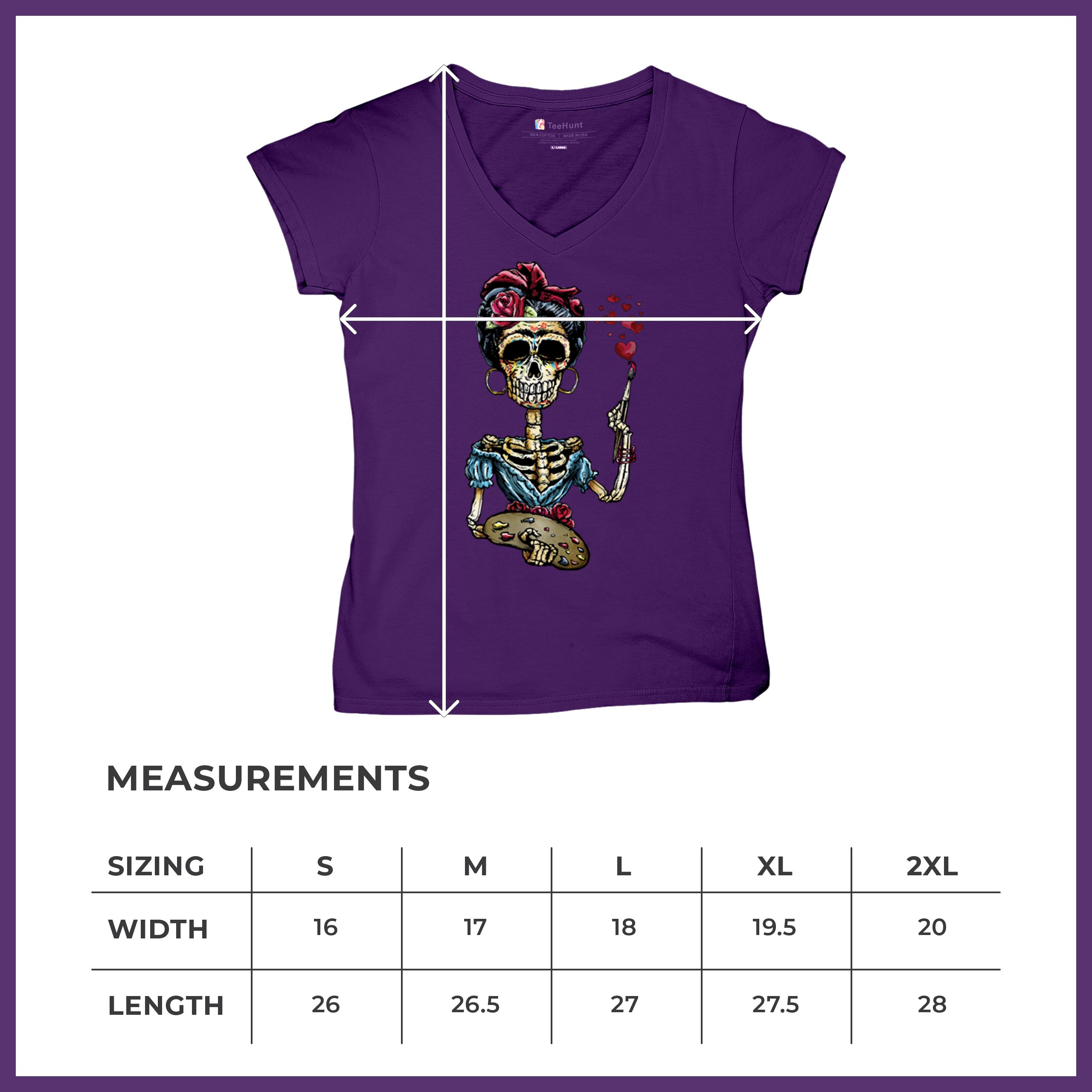 Frida Kahlo Sugar Skull Women's V-Neck T-shirt Calavera Day of the Dead Tee - Picture 22 of 71