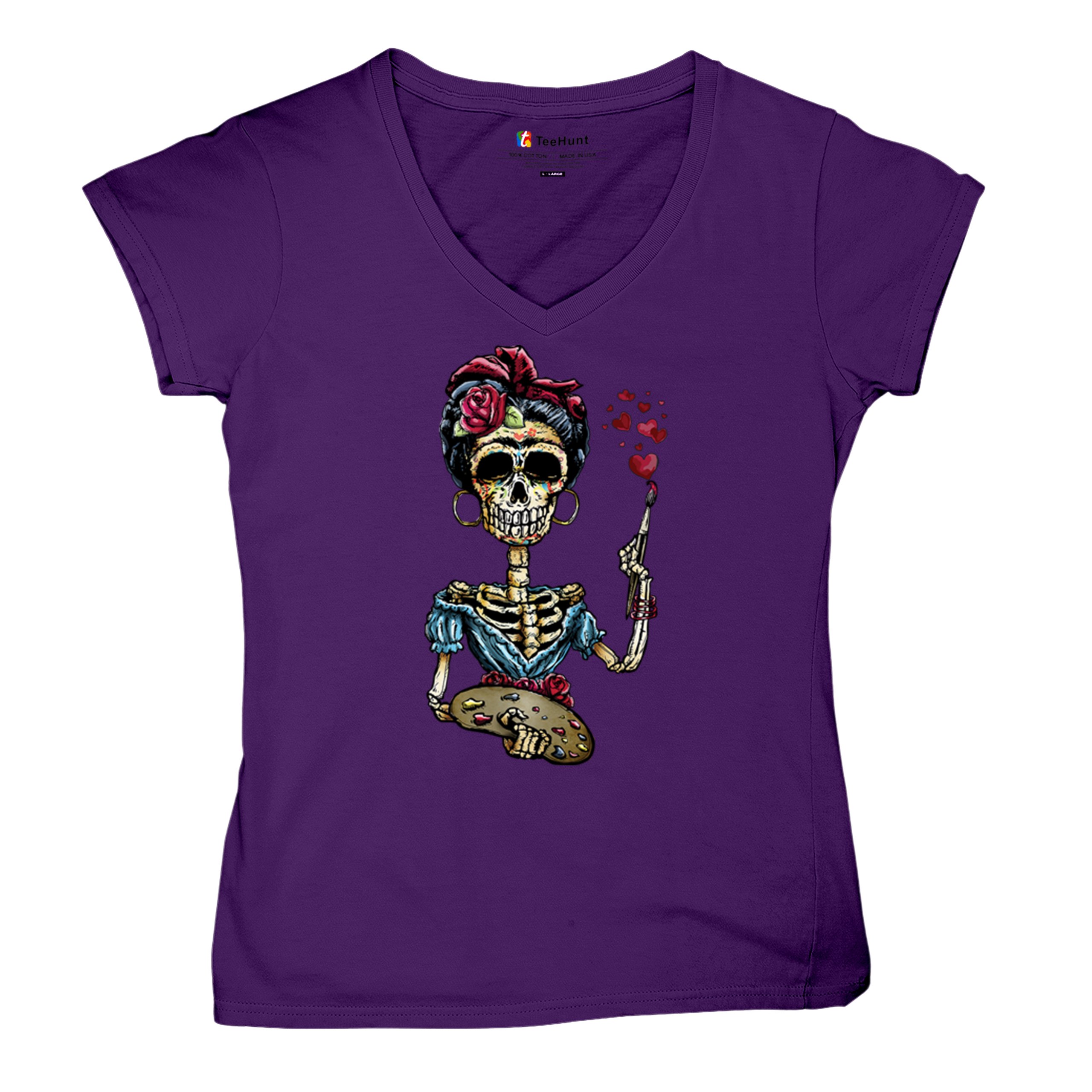 Frida Kahlo Sugar Skull Women's V-Neck T-shirt Calavera Day of the Dead Tee - Picture 20 of 71