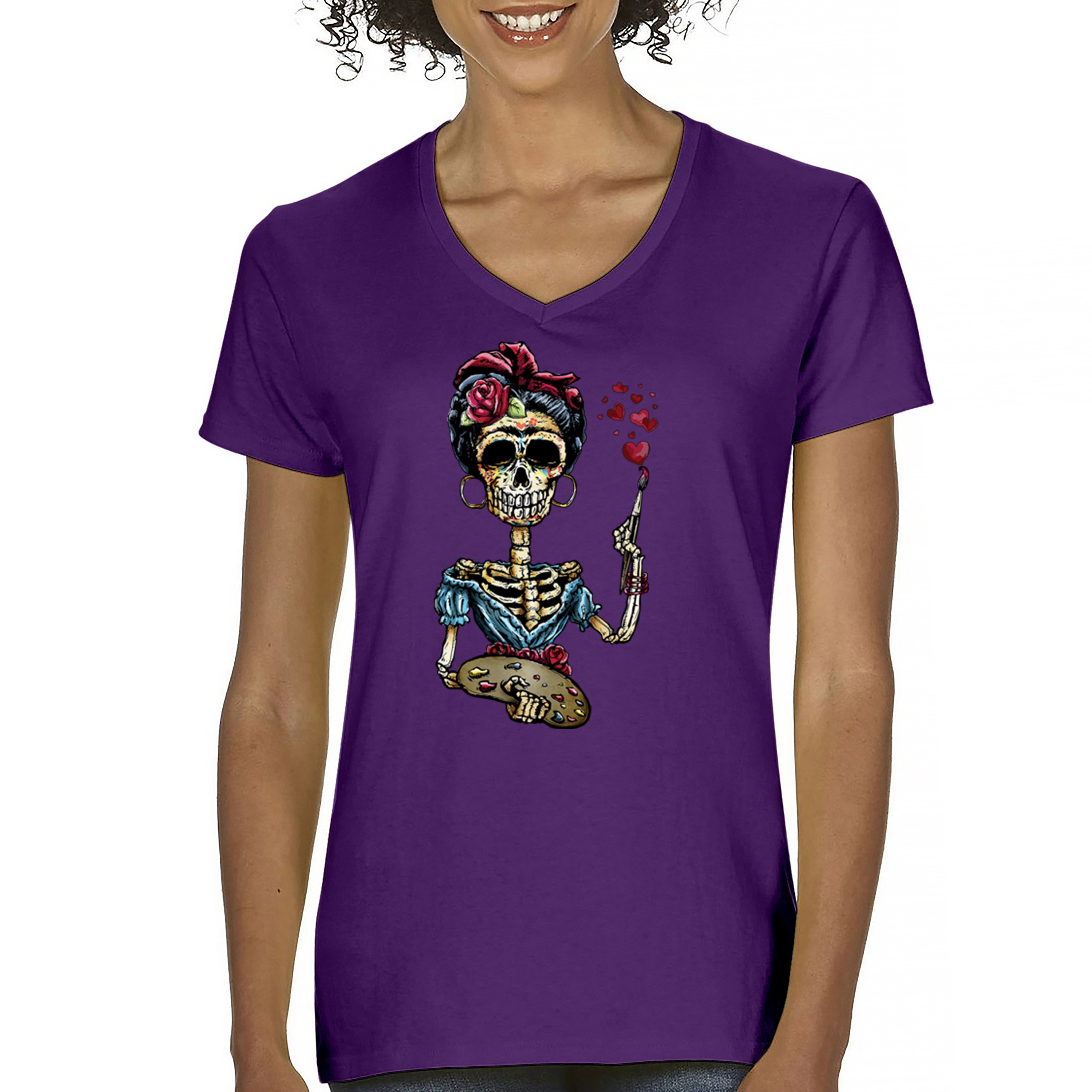 Frida Kahlo Sugar Skull Women's V-Neck T-shirt Calavera Day of the Dead Tee - Picture 16 of 71