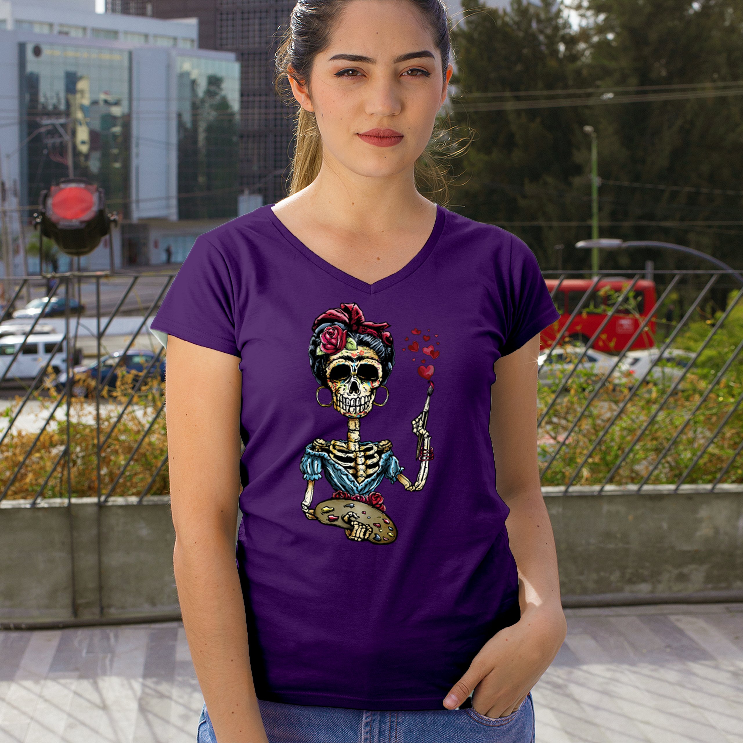 Frida Kahlo Sugar Skull Women's V-Neck T-shirt Calavera Day of the Dead Tee - Picture 19 of 71