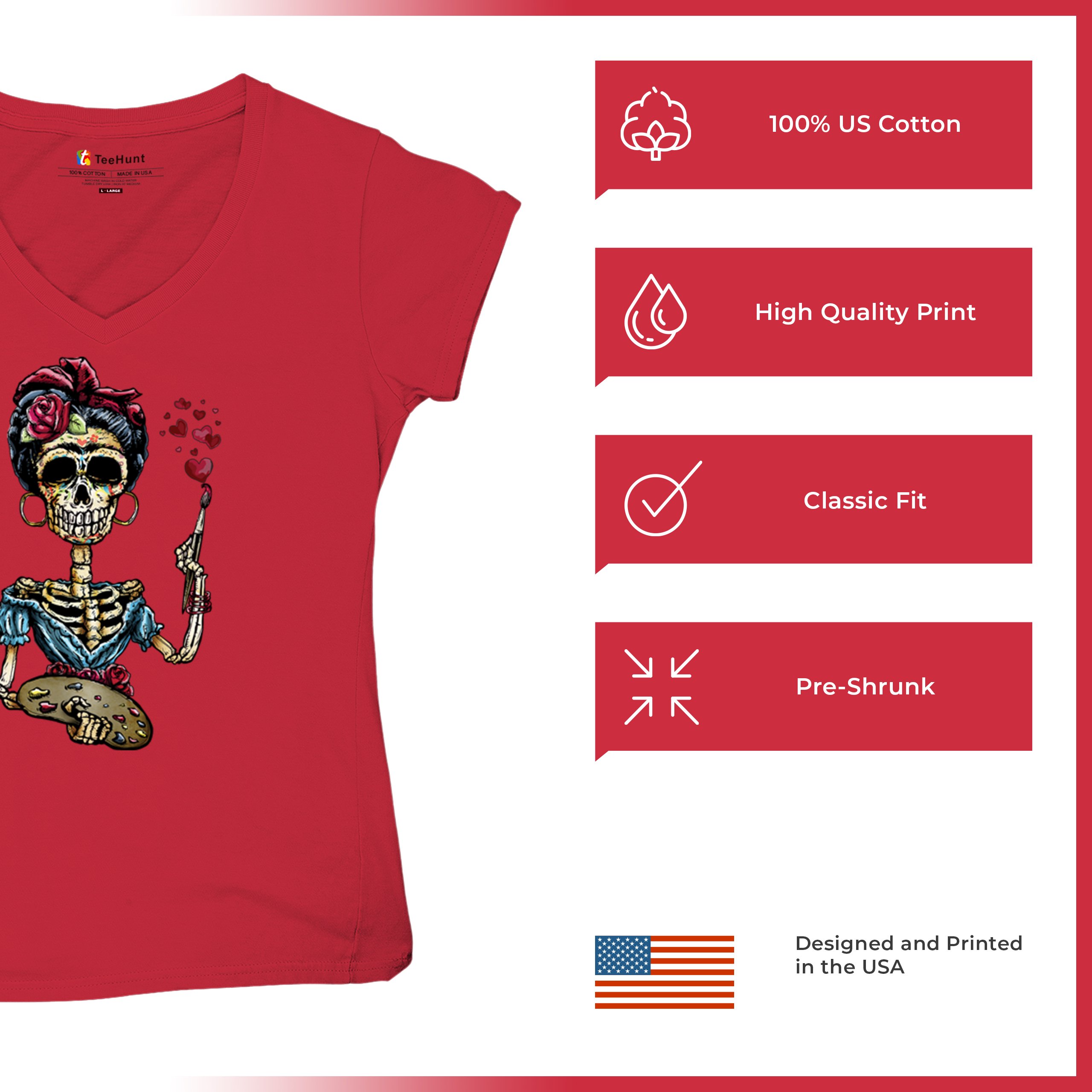 Frida Kahlo Sugar Skull Women's V-Neck T-shirt Calavera Day of the Dead Tee - Picture 28 of 71