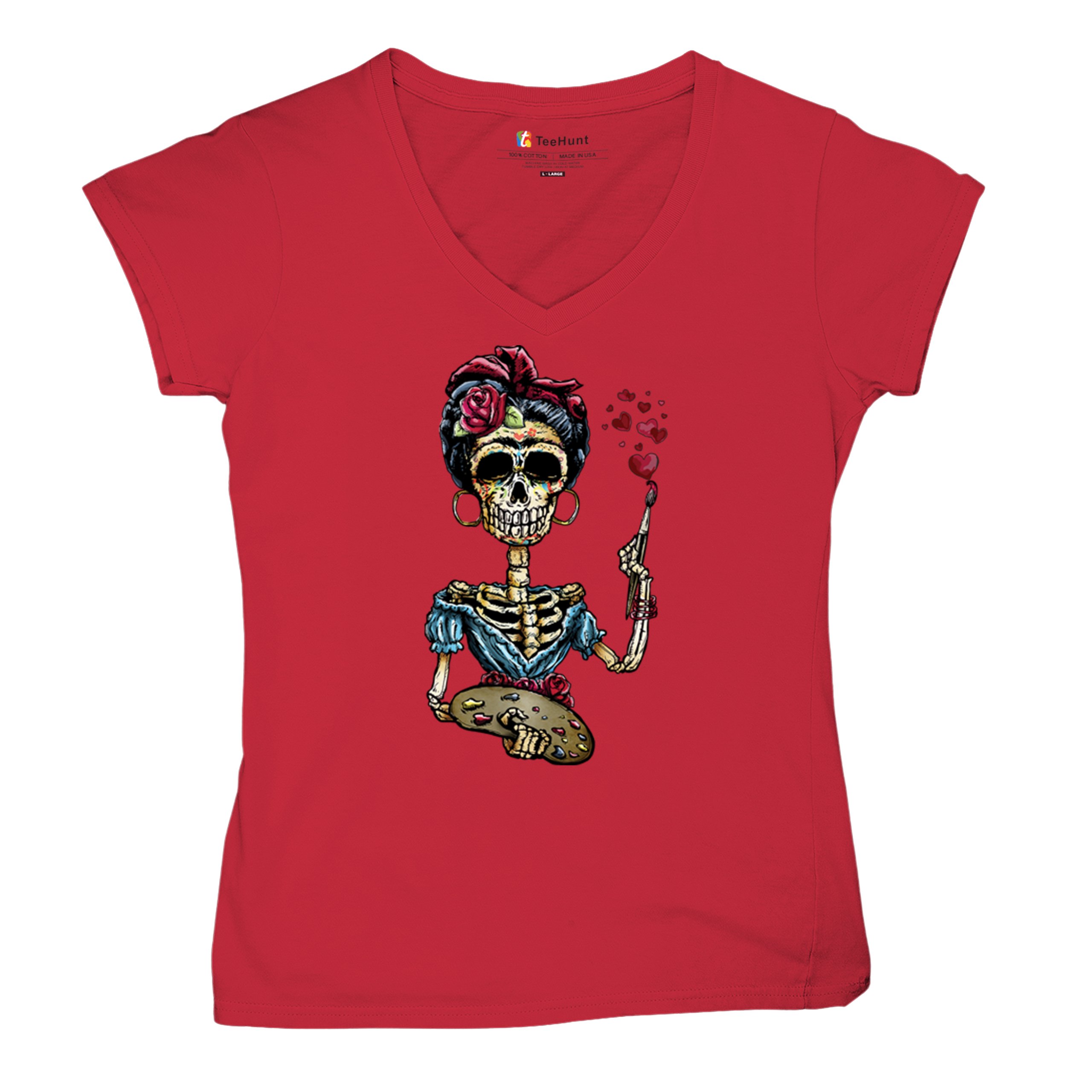 Frida Kahlo Sugar Skull Women's V-Neck T-shirt Calavera Day of the Dead Tee - Picture 27 of 71