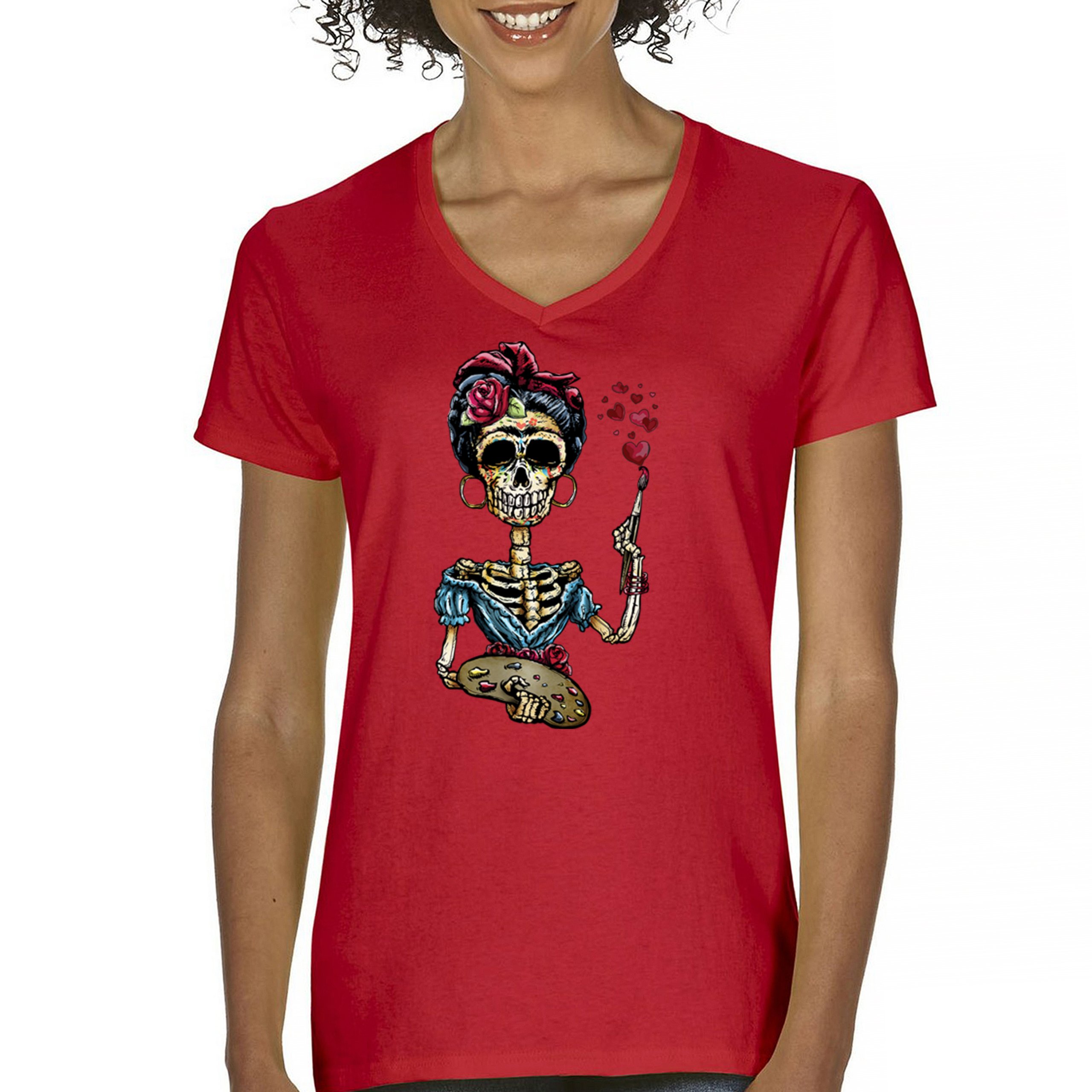 Frida Kahlo Sugar Skull Women's V-Neck T-shirt Calavera Day of the Dead Tee - Picture 23 of 71