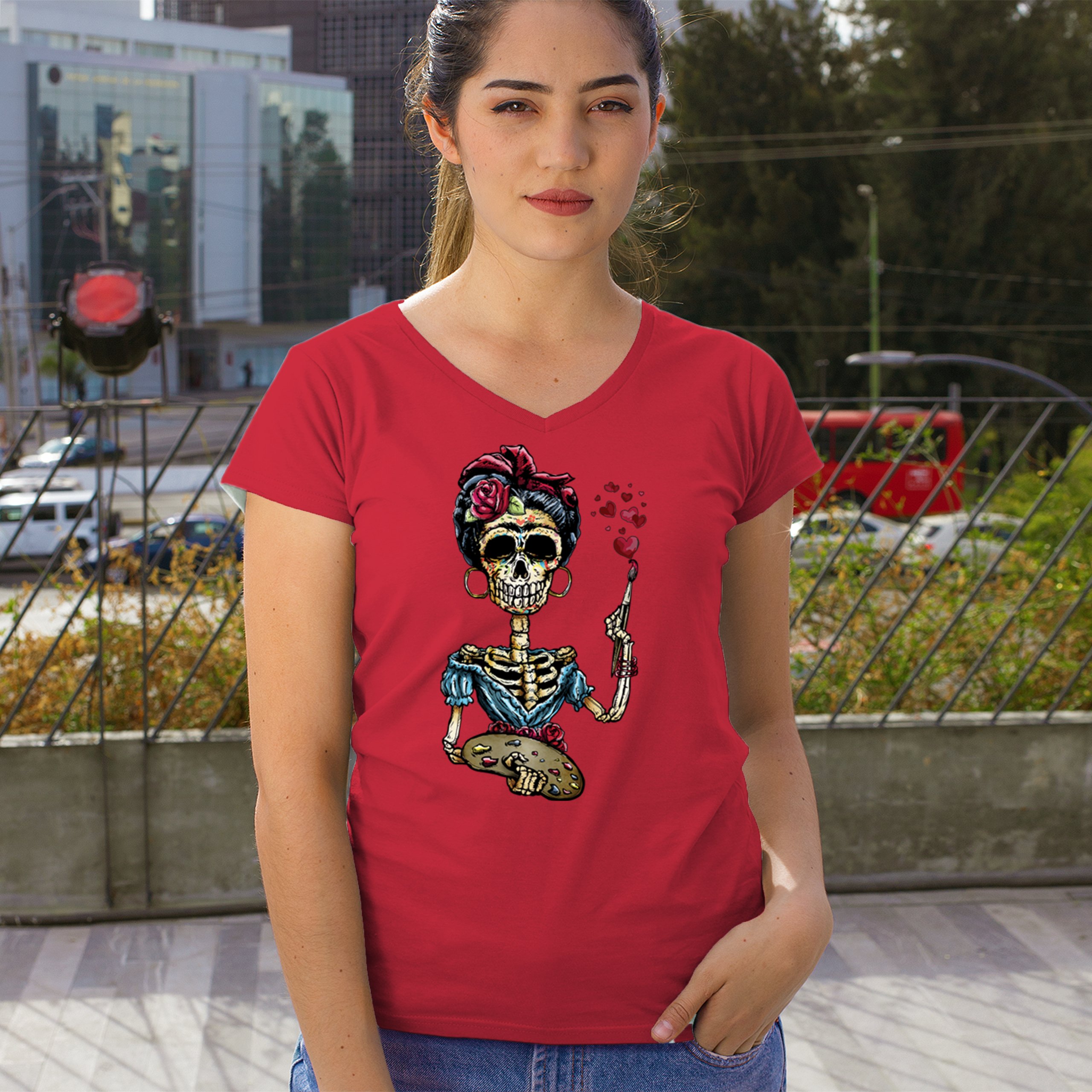 Frida Kahlo Sugar Skull Women's V-Neck T-shirt Calavera Day of the Dead Tee - Picture 26 of 71