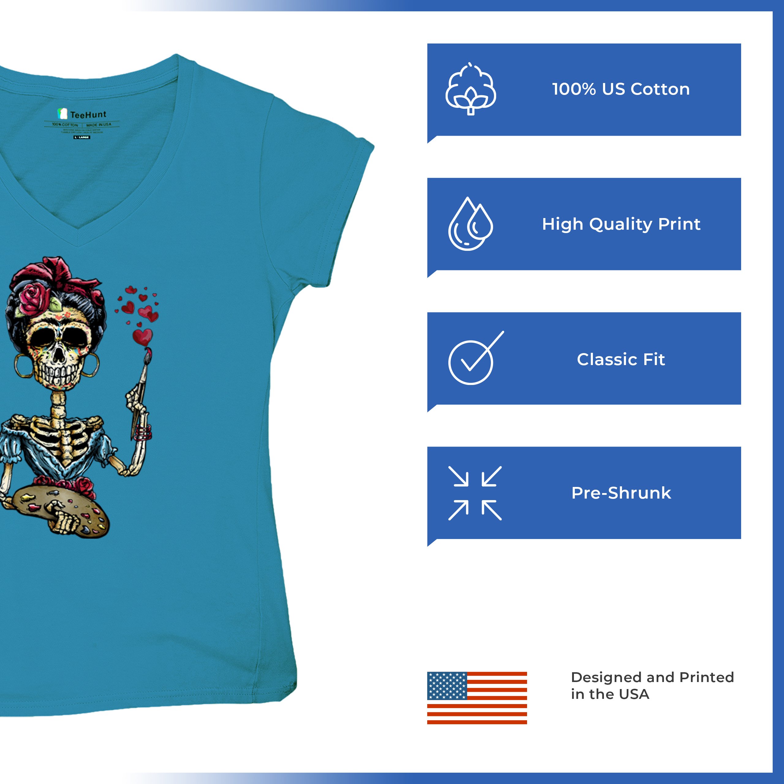 Frida Kahlo Sugar Skull Women's V-Neck T-shirt Calavera Day of the Dead Tee - Picture 70 of 71