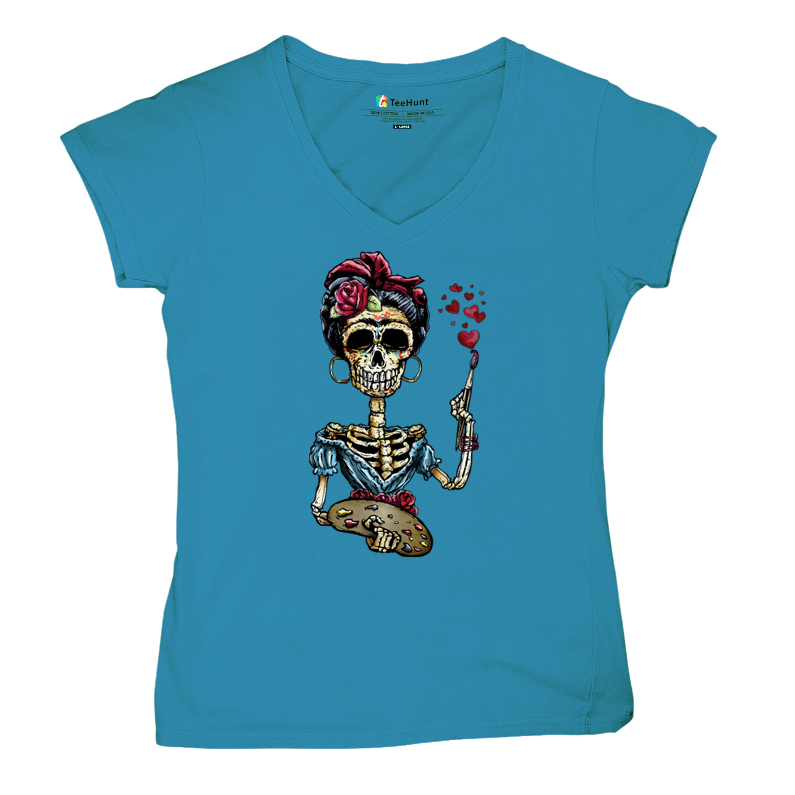 Frida Kahlo Sugar Skull Women's V-Neck T-shirt Calavera Day of the Dead Tee - Picture 69 of 71