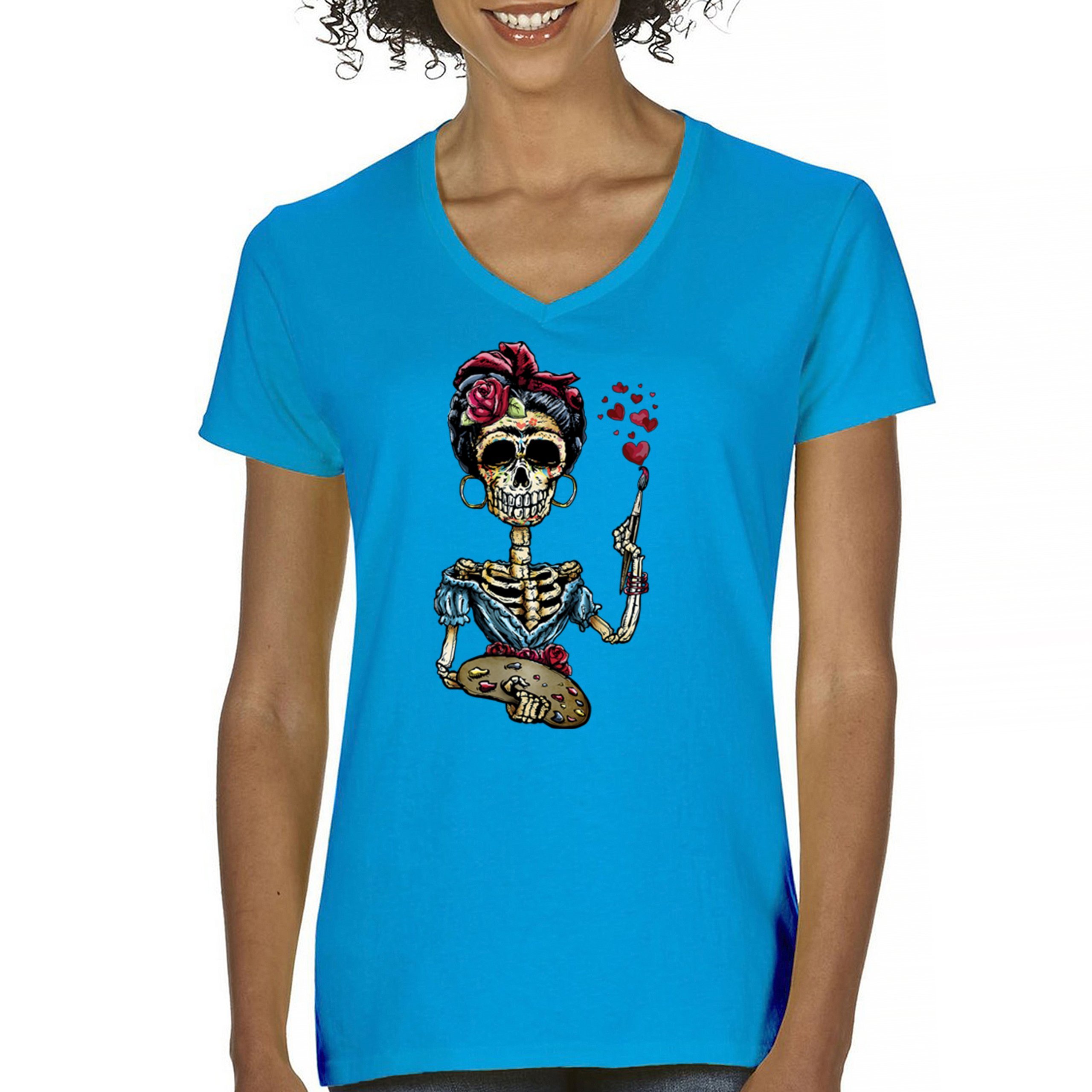 Frida Kahlo Sugar Skull Women's V-Neck T-shirt Calavera Day of the Dead Tee - Picture 65 of 71
