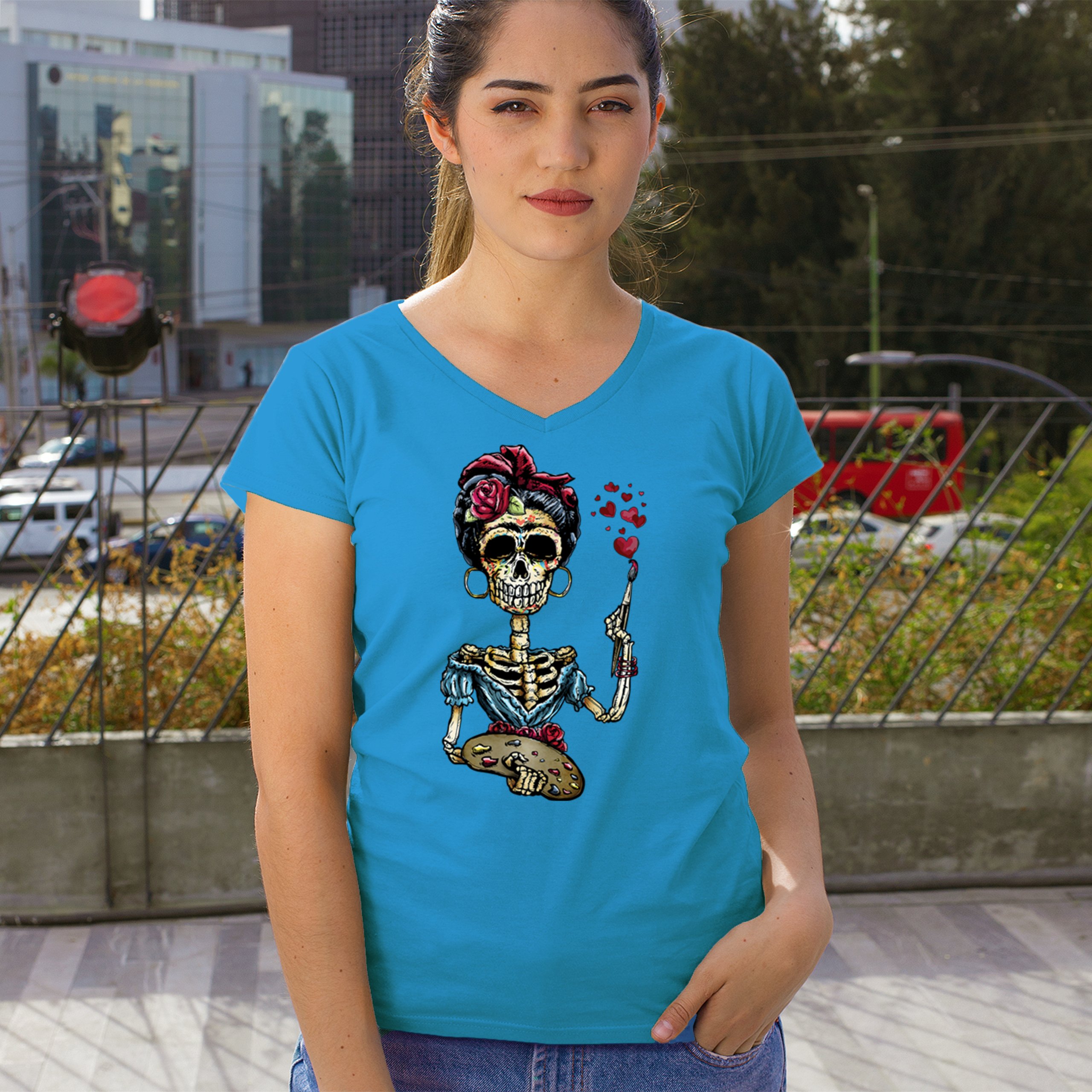 Frida Kahlo Sugar Skull Women's V-Neck T-shirt Calavera Day of the Dead Tee - Picture 68 of 71