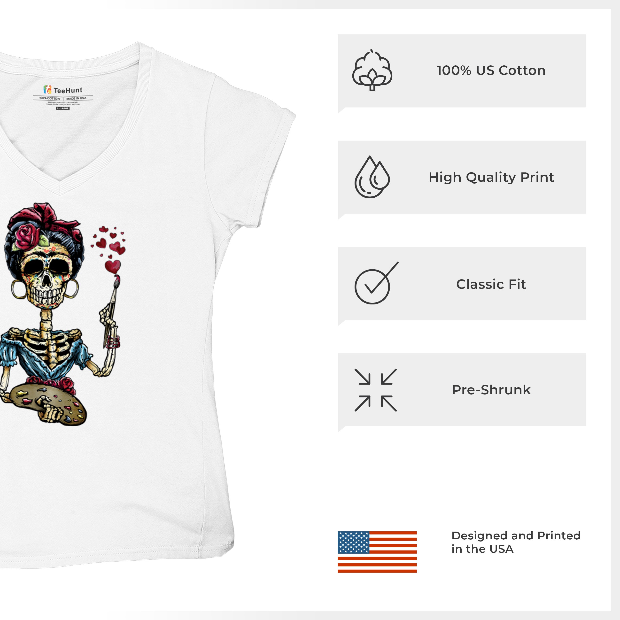 Frida Kahlo Sugar Skull Women's V-Neck T-shirt Calavera Day of the Dead Tee - Picture 35 of 71