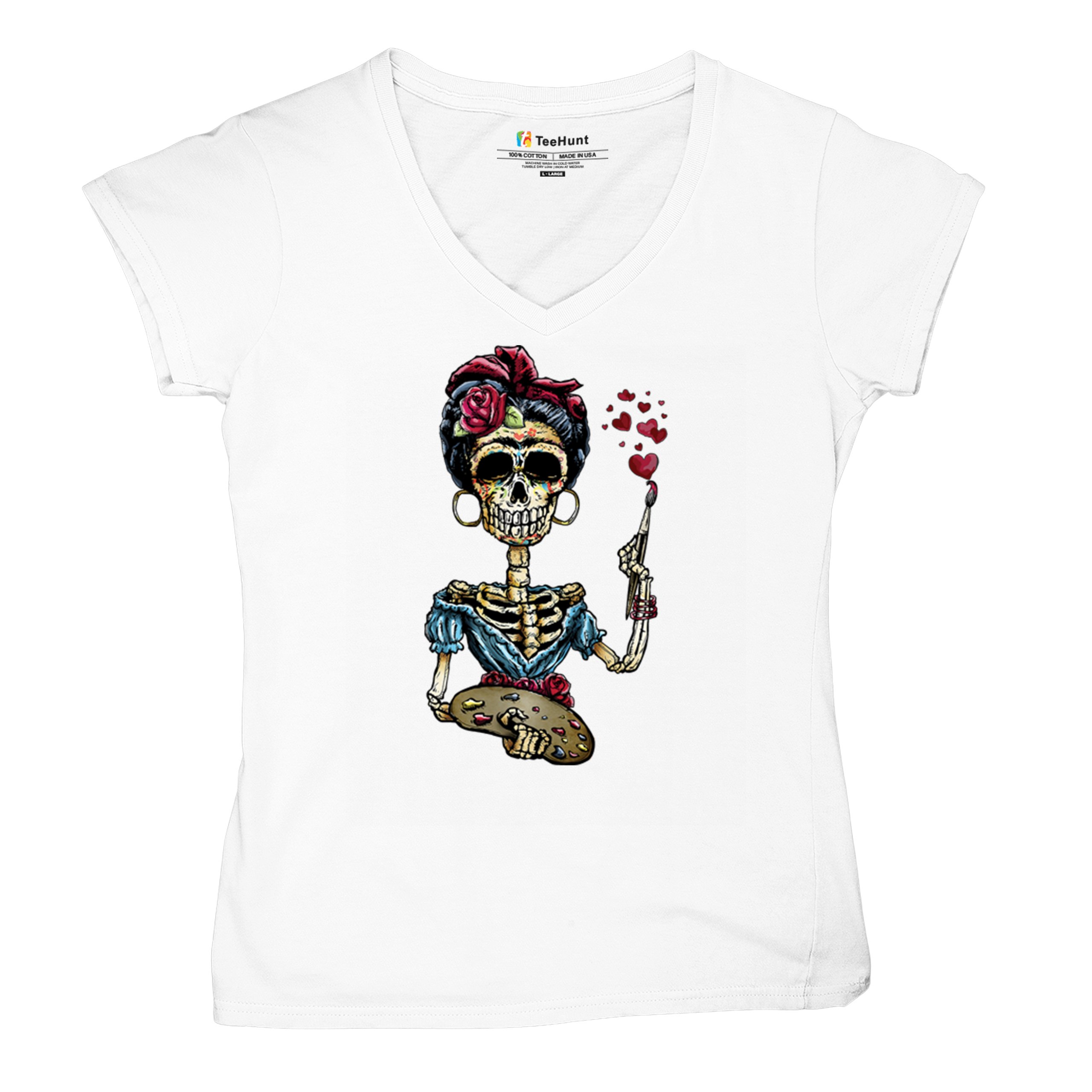Frida Kahlo Sugar Skull Women's V-Neck T-shirt Calavera Day of the Dead Tee - Picture 34 of 71