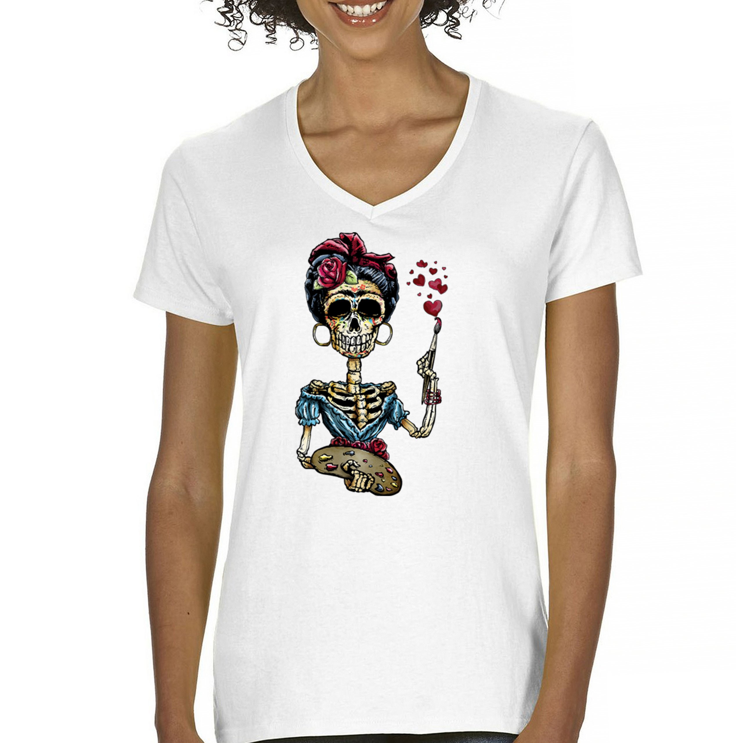 Frida Kahlo Sugar Skull Women's V-Neck T-shirt Calavera Day of the Dead Tee - Picture 30 of 71