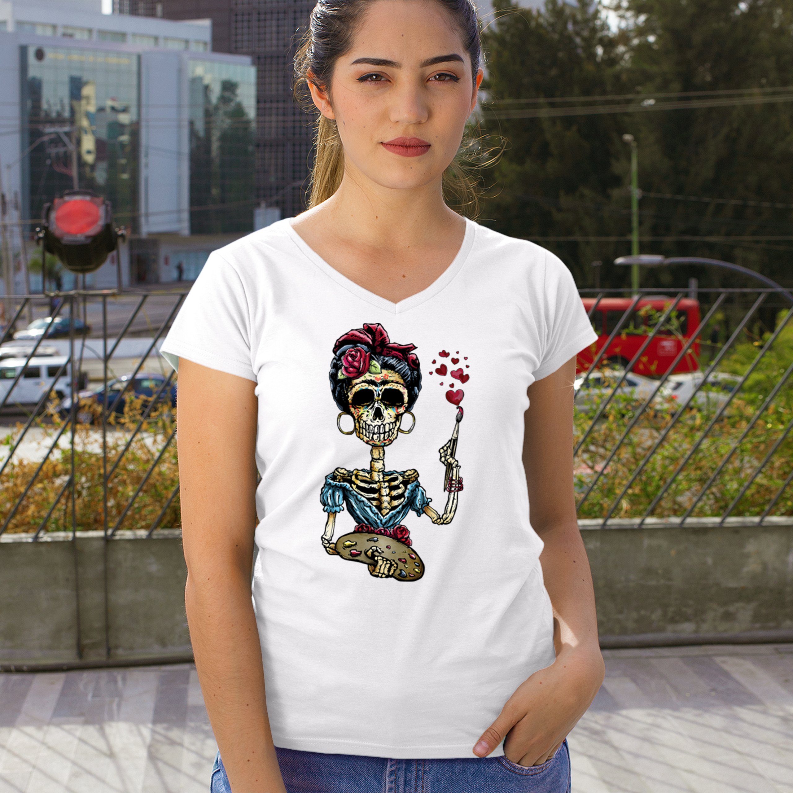 Frida Kahlo Sugar Skull Women's V-Neck T-shirt Calavera Day of the Dead Tee - Picture 33 of 71