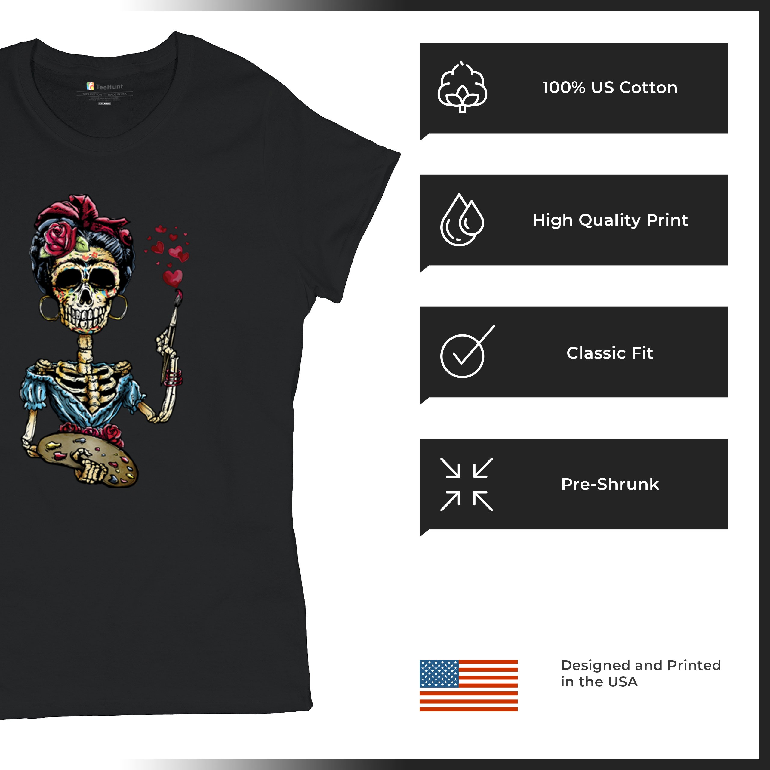 Frida Kahlo Sugar Skull T-Shirt Calavera Mexican Day of the Dead Women's Tee - Picture 7 of 50