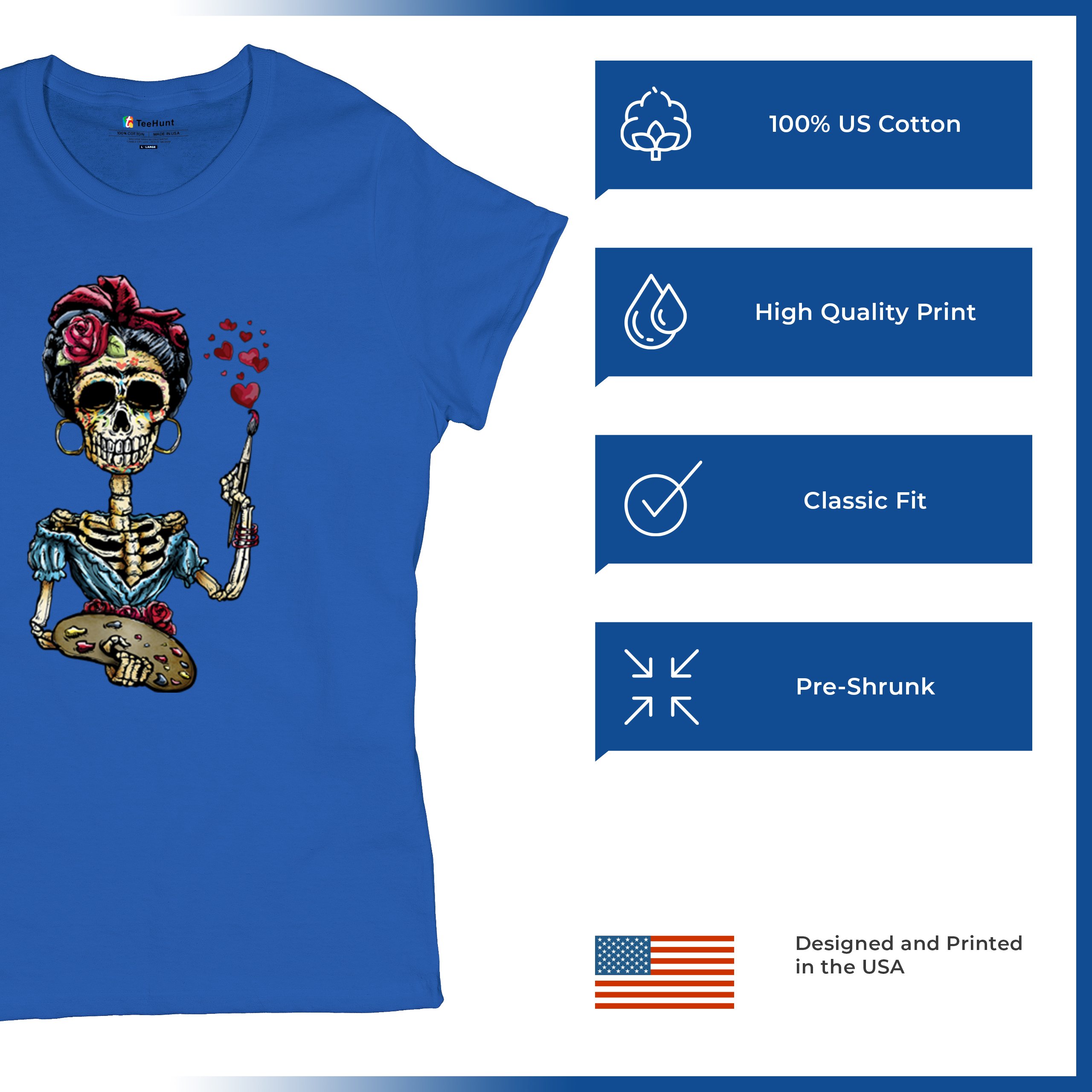 Frida Kahlo Sugar Skull T-Shirt Calavera Mexican Day of the Dead Women's Tee - Picture 35 of 50