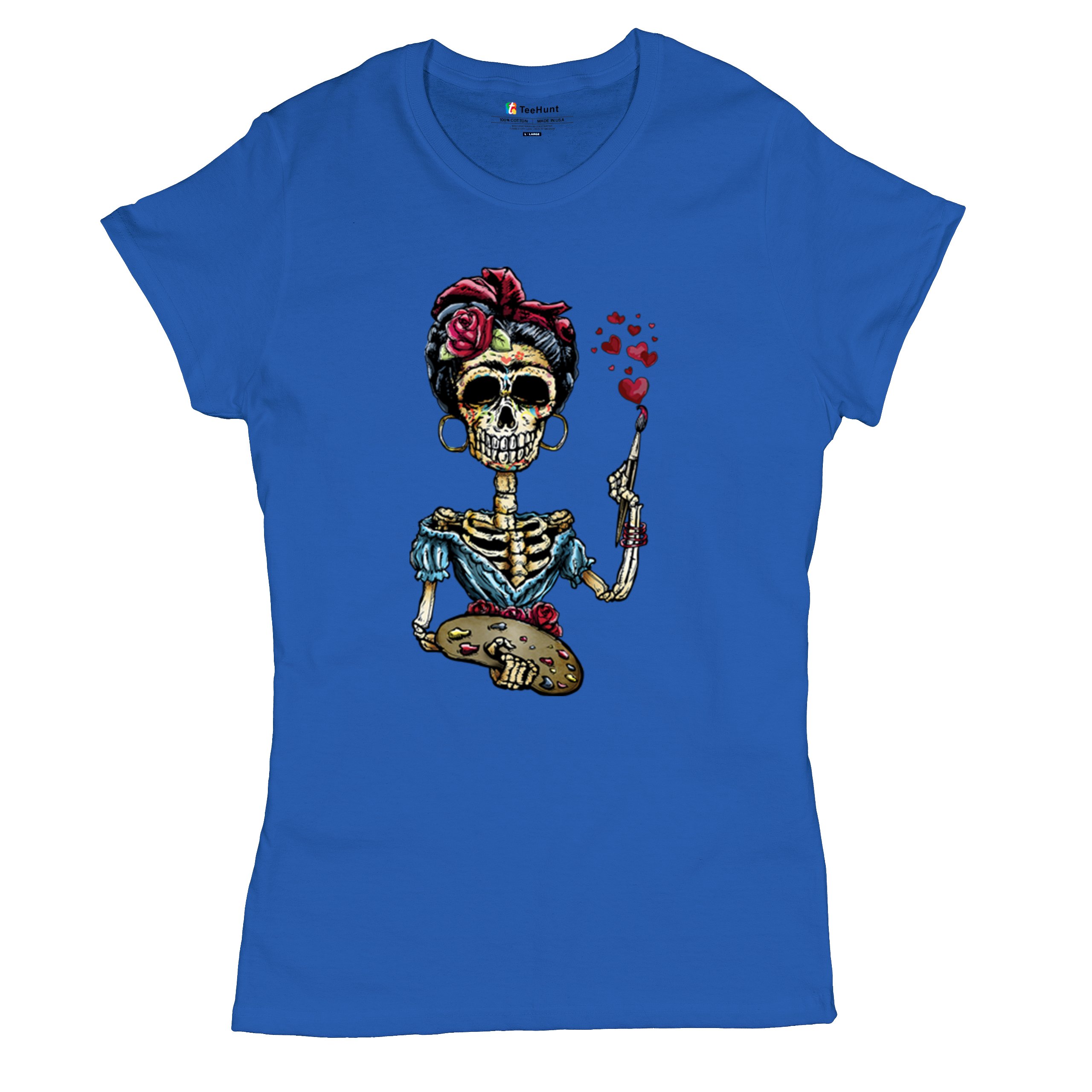 Frida Kahlo Sugar Skull T-Shirt Calavera Mexican Day of the Dead Women's Tee - Picture 34 of 50