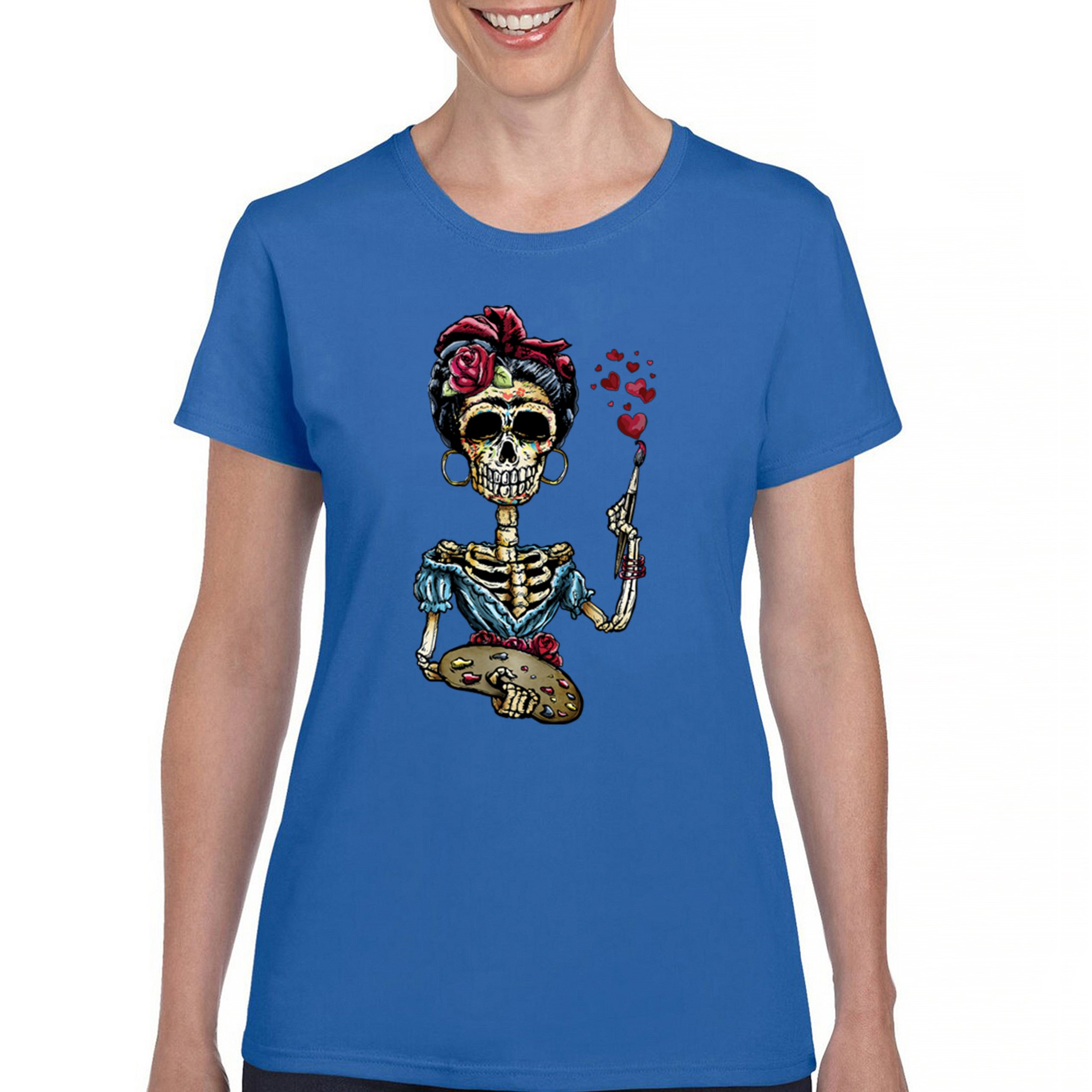 Frida Kahlo Sugar Skull T-Shirt Calavera Mexican Day of the Dead Women's Tee - Picture 30 of 50