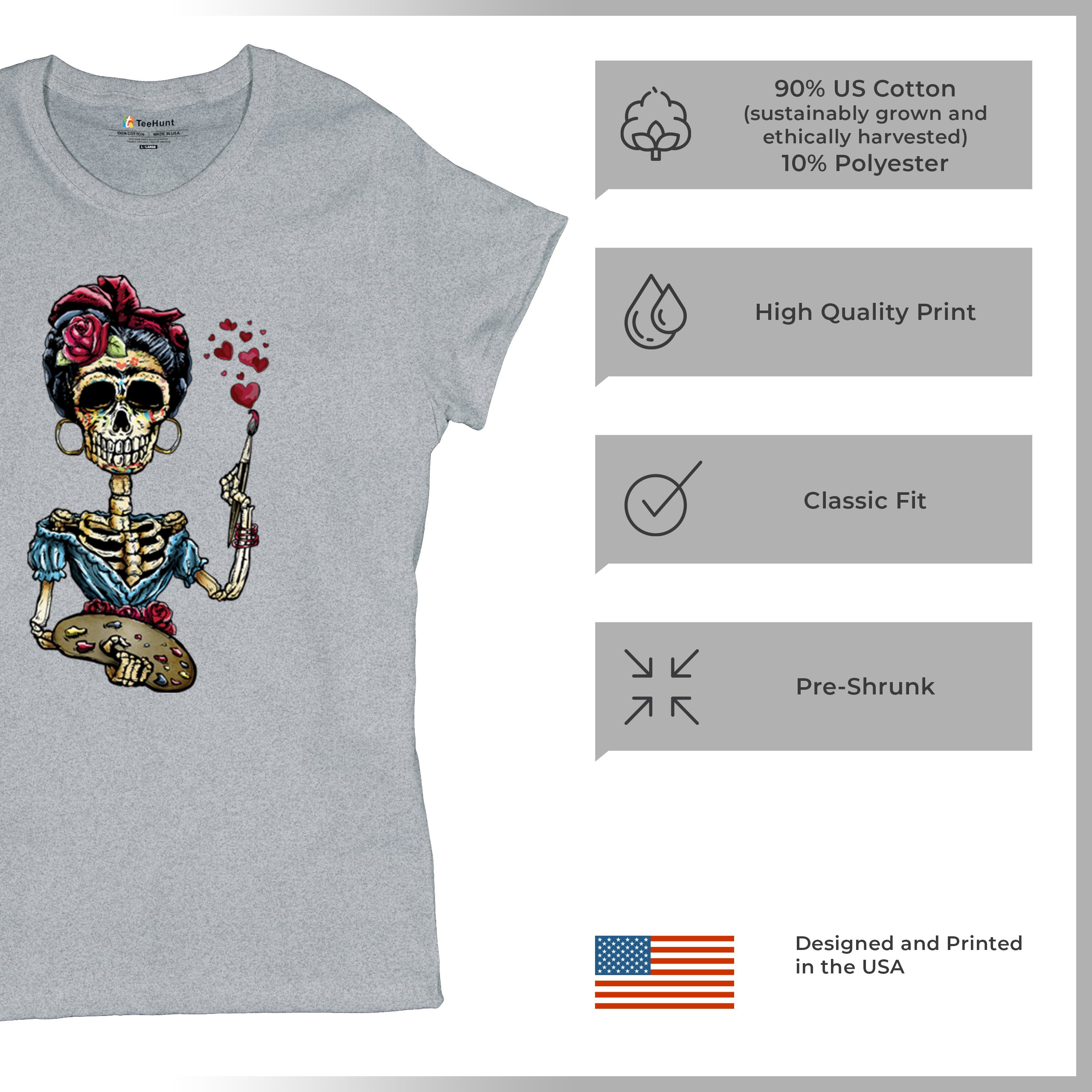 Frida Kahlo Sugar Skull T-Shirt Calavera Mexican Day of the Dead Women's Tee - Picture 14 of 50