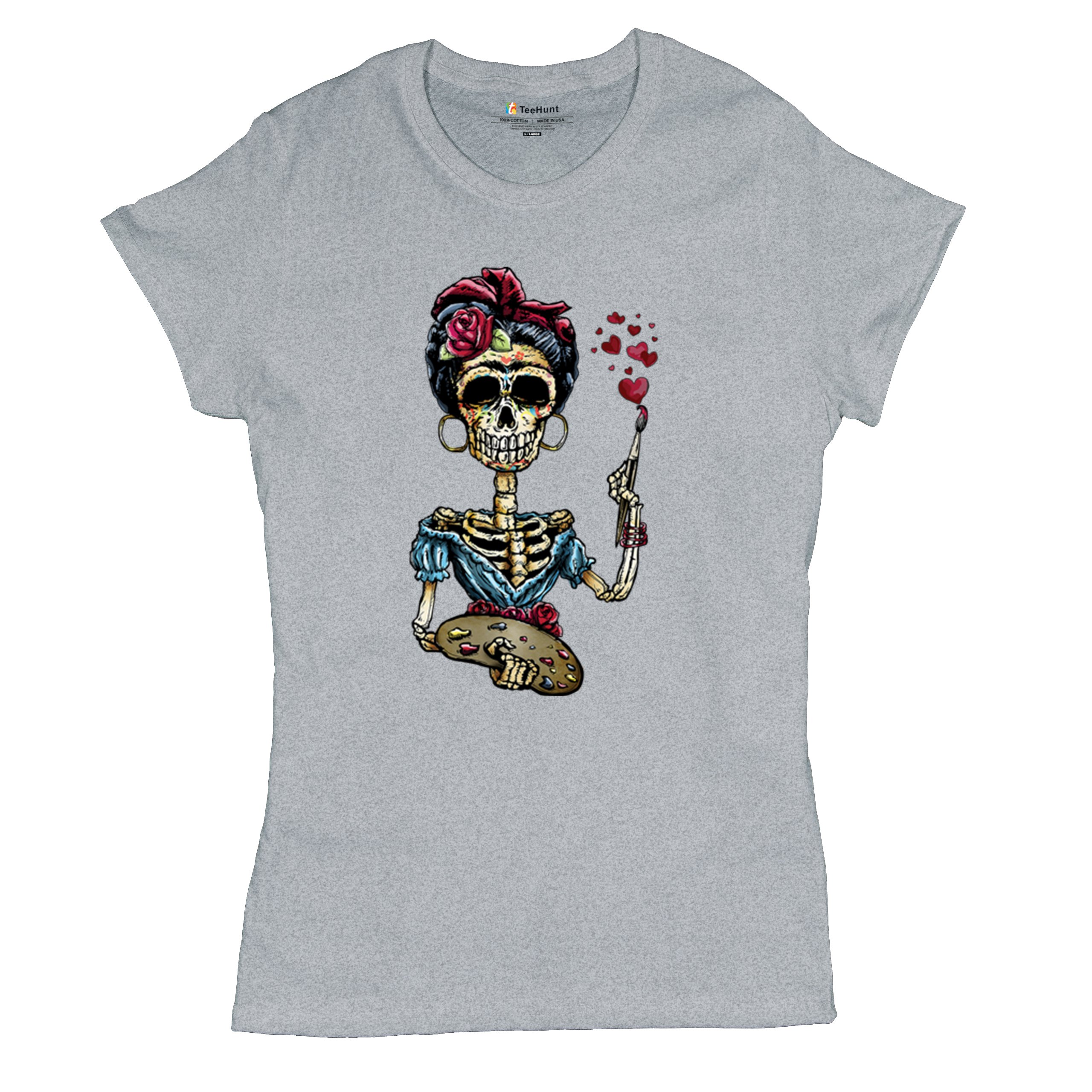 Frida Kahlo Sugar Skull T-Shirt Calavera Mexican Day of the Dead Women's Tee - Picture 13 of 50