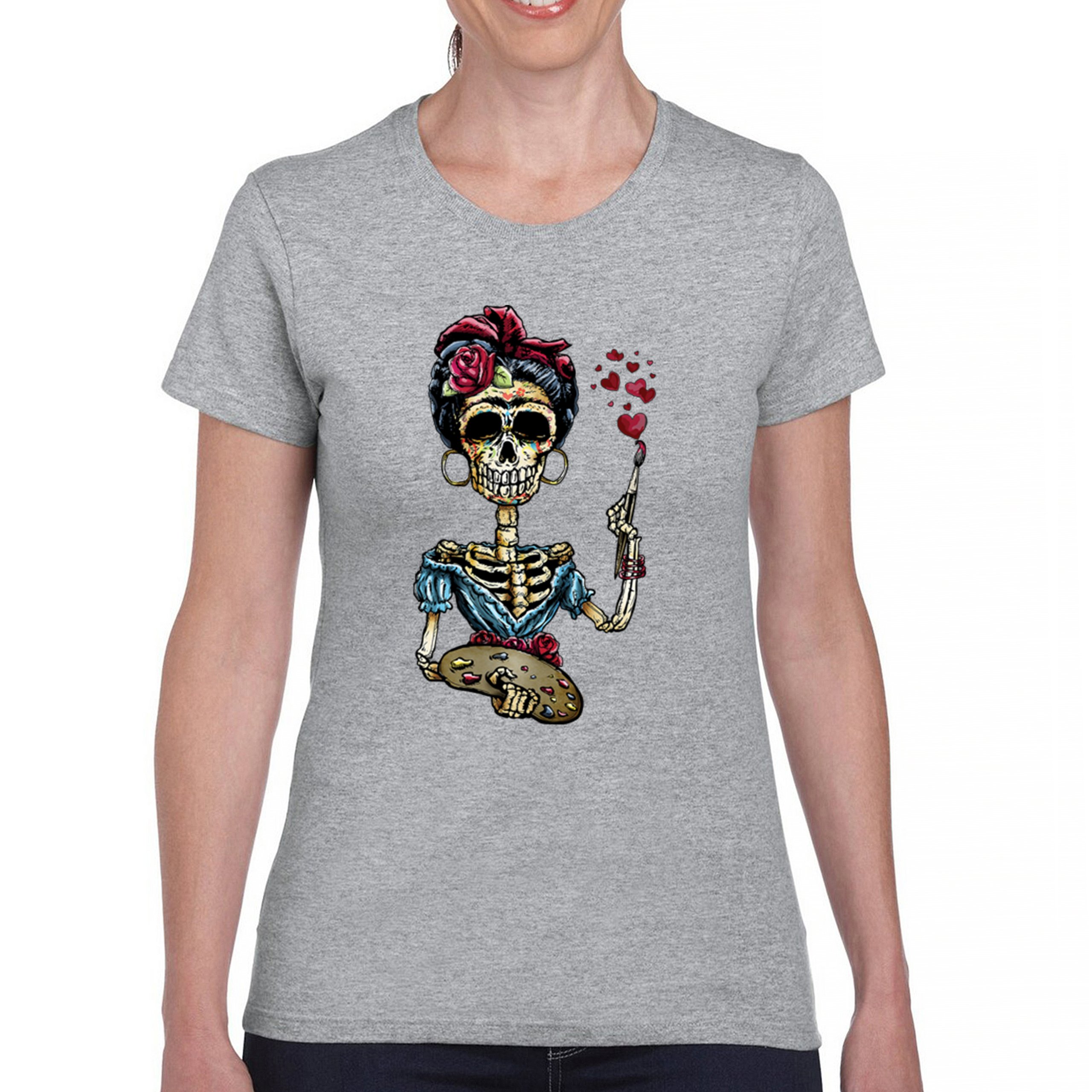 Frida Kahlo Sugar Skull T-Shirt Calavera Mexican Day of the Dead Women's Tee - Picture 9 of 50