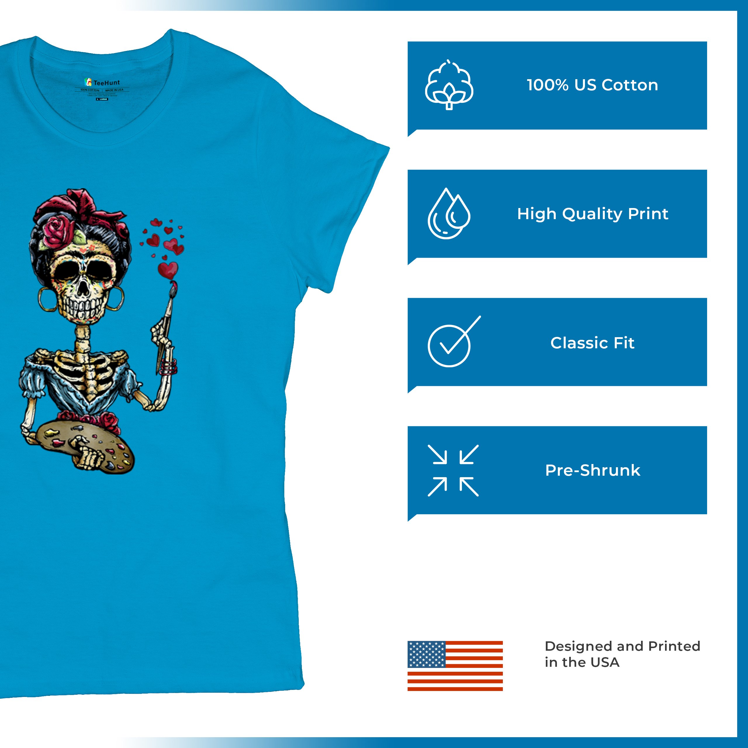 Frida Kahlo Sugar Skull T-Shirt Calavera Mexican Day of the Dead Women's Tee - Picture 42 of 50