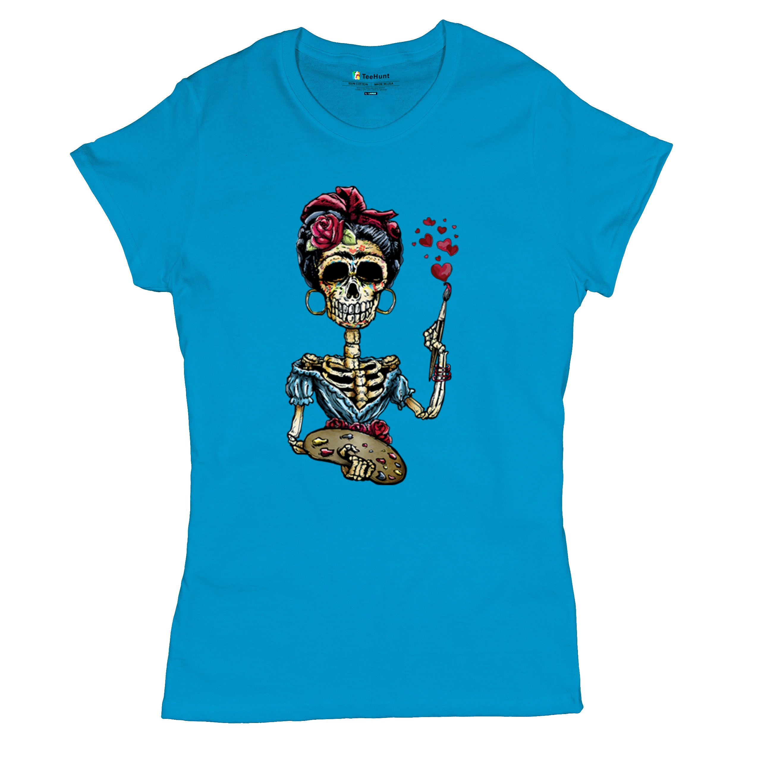 Frida Kahlo Sugar Skull T-Shirt Calavera Mexican Day of the Dead Women's Tee - Picture 41 of 50