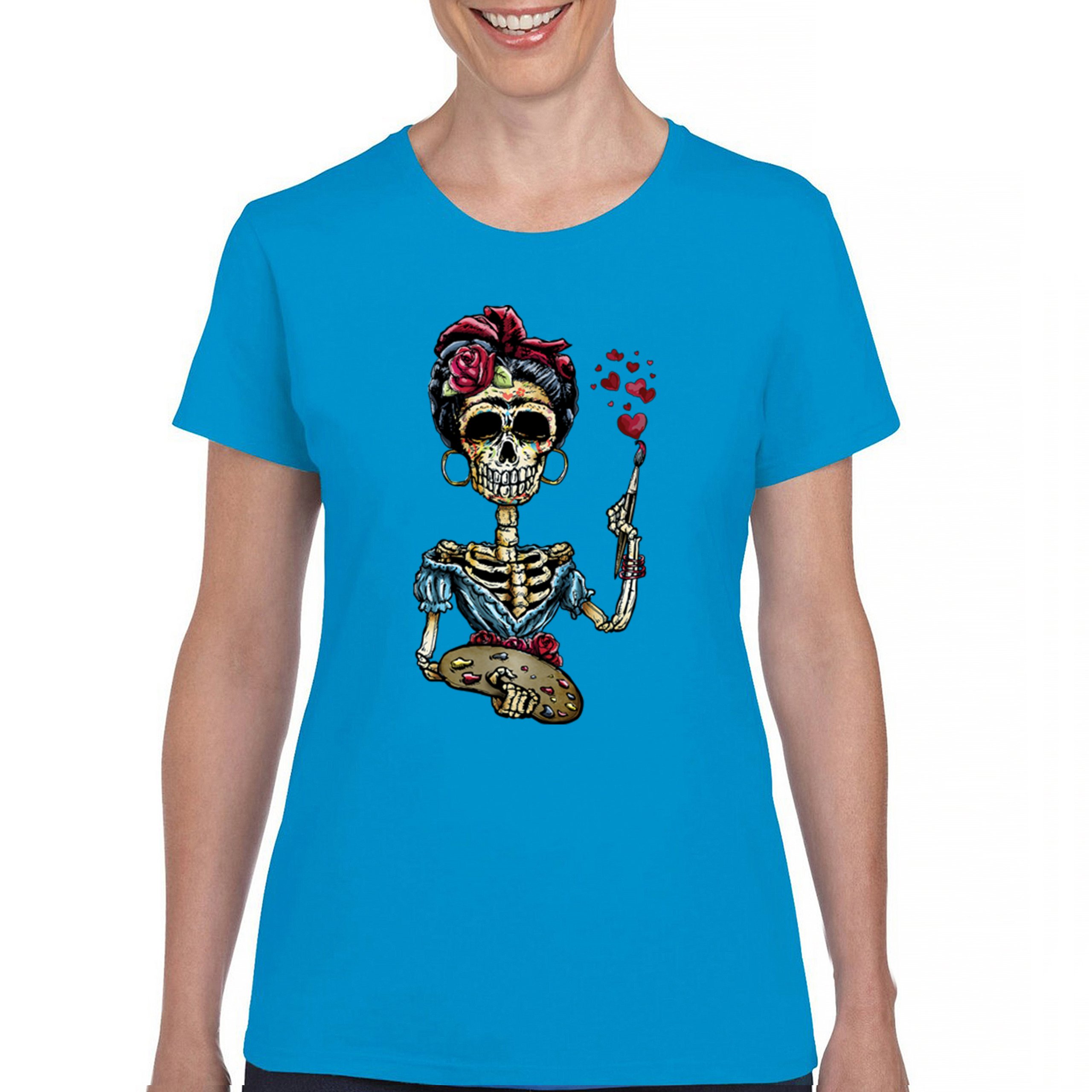 Frida Kahlo Sugar Skull T-Shirt Calavera Mexican Day of the Dead Women's Tee - Picture 37 of 50
