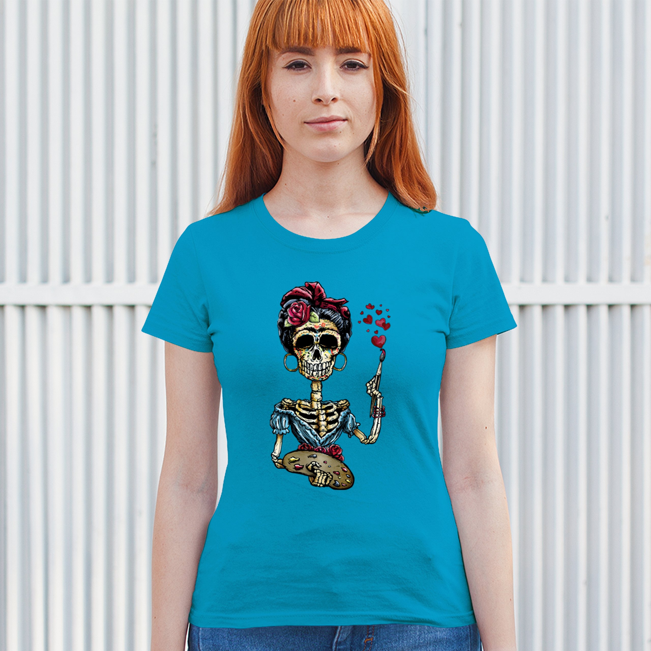 Frida Kahlo Sugar Skull T-Shirt Calavera Mexican Day of the Dead Women's Tee - Picture 40 of 50