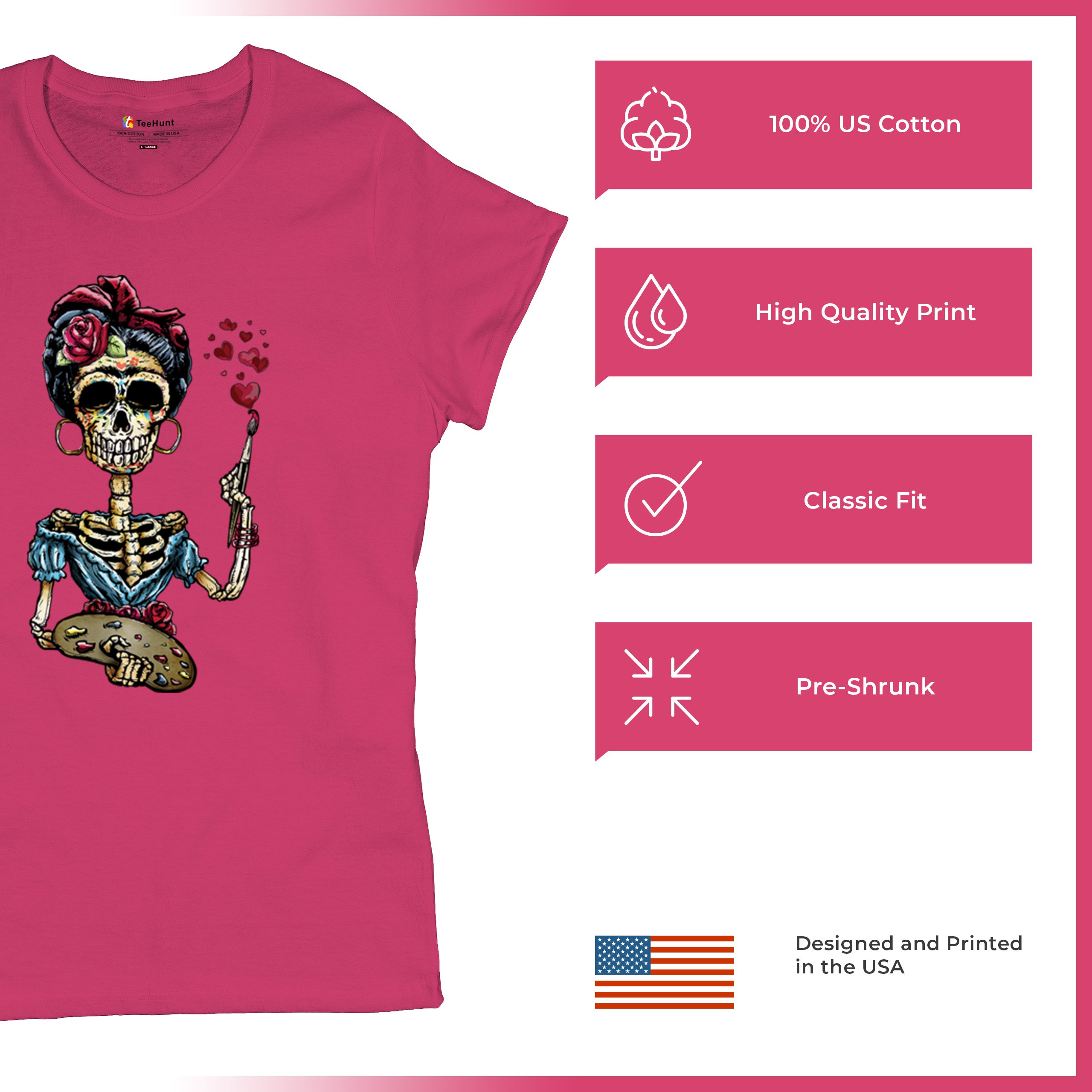 Frida Kahlo Sugar Skull T-Shirt Calavera Mexican Day of the Dead Women's Tee - Picture 49 of 50