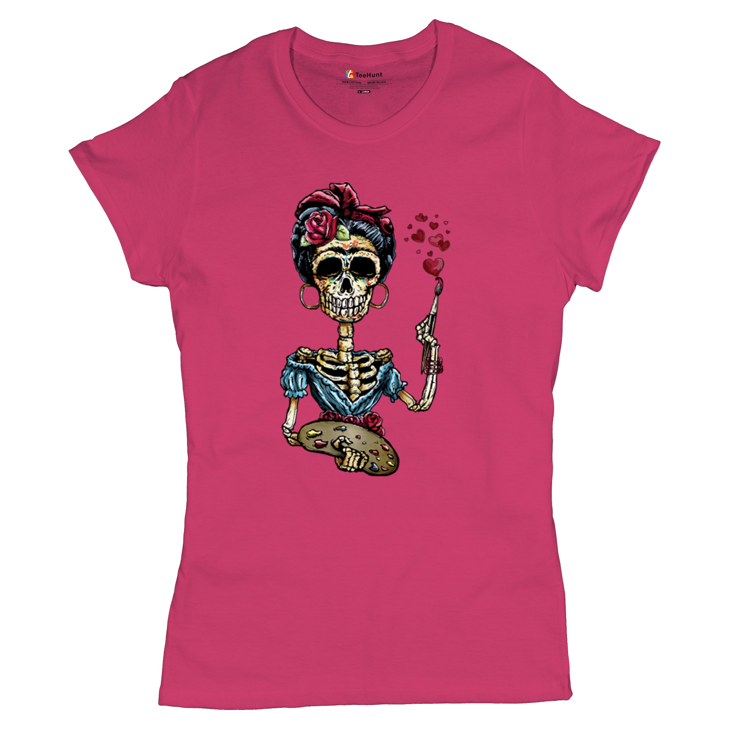 Frida Kahlo Sugar Skull T-Shirt Calavera Mexican Day of the Dead Women's Tee - Picture 48 of 50