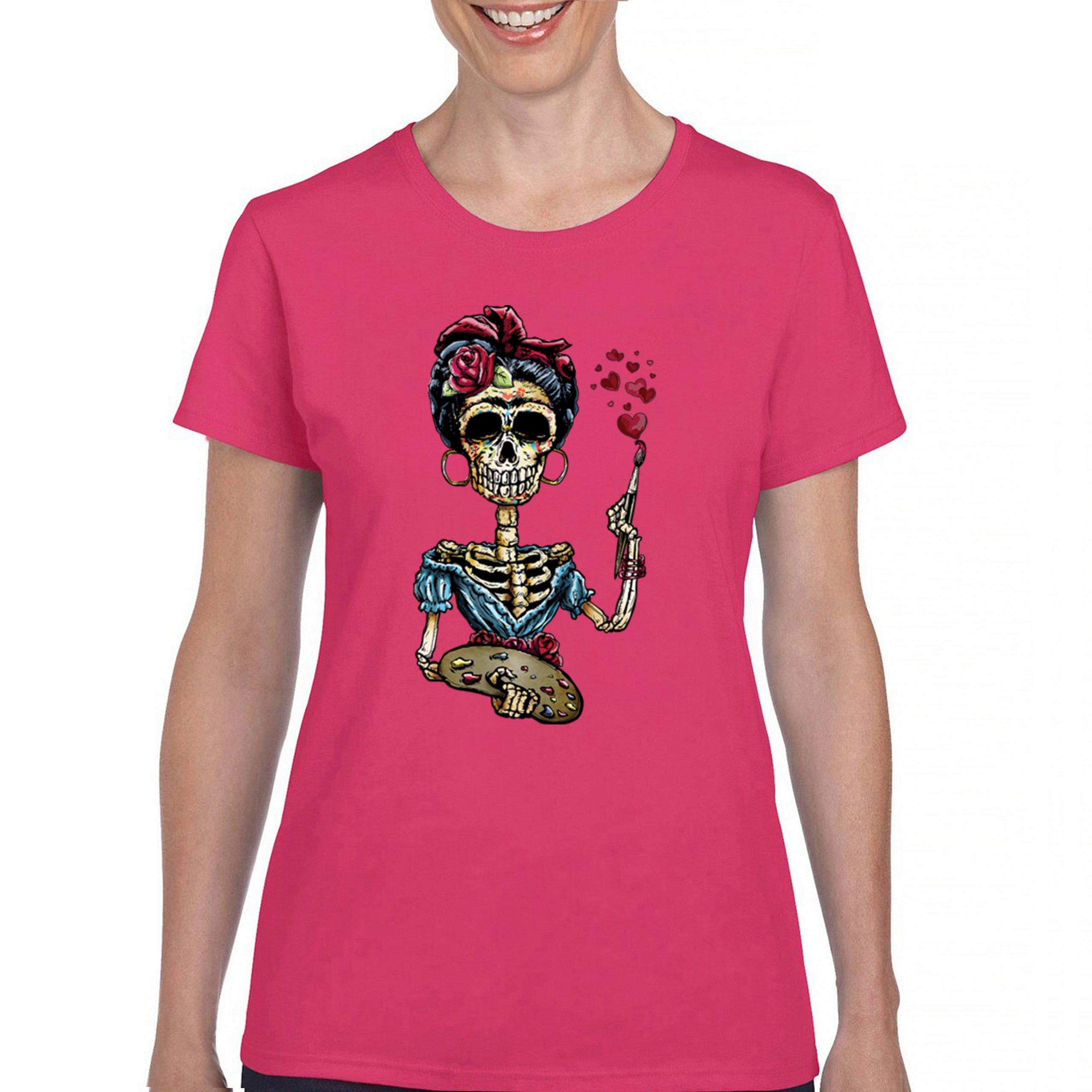 Frida Kahlo Sugar Skull T-Shirt Calavera Mexican Day of the Dead Women's Tee - Picture 44 of 50