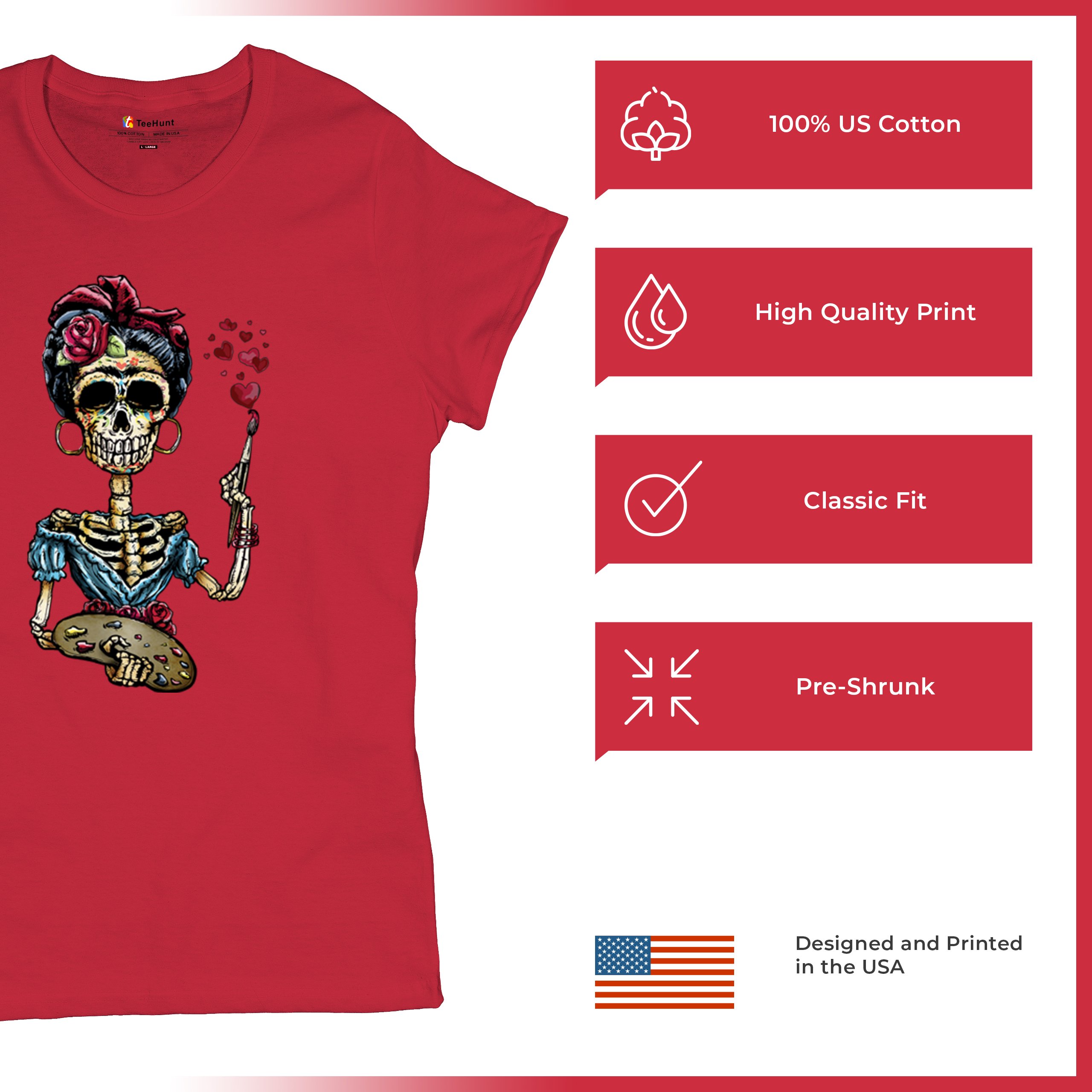 Frida Kahlo Sugar Skull T-Shirt Calavera Mexican Day of the Dead Women's Tee - Picture 21 of 50
