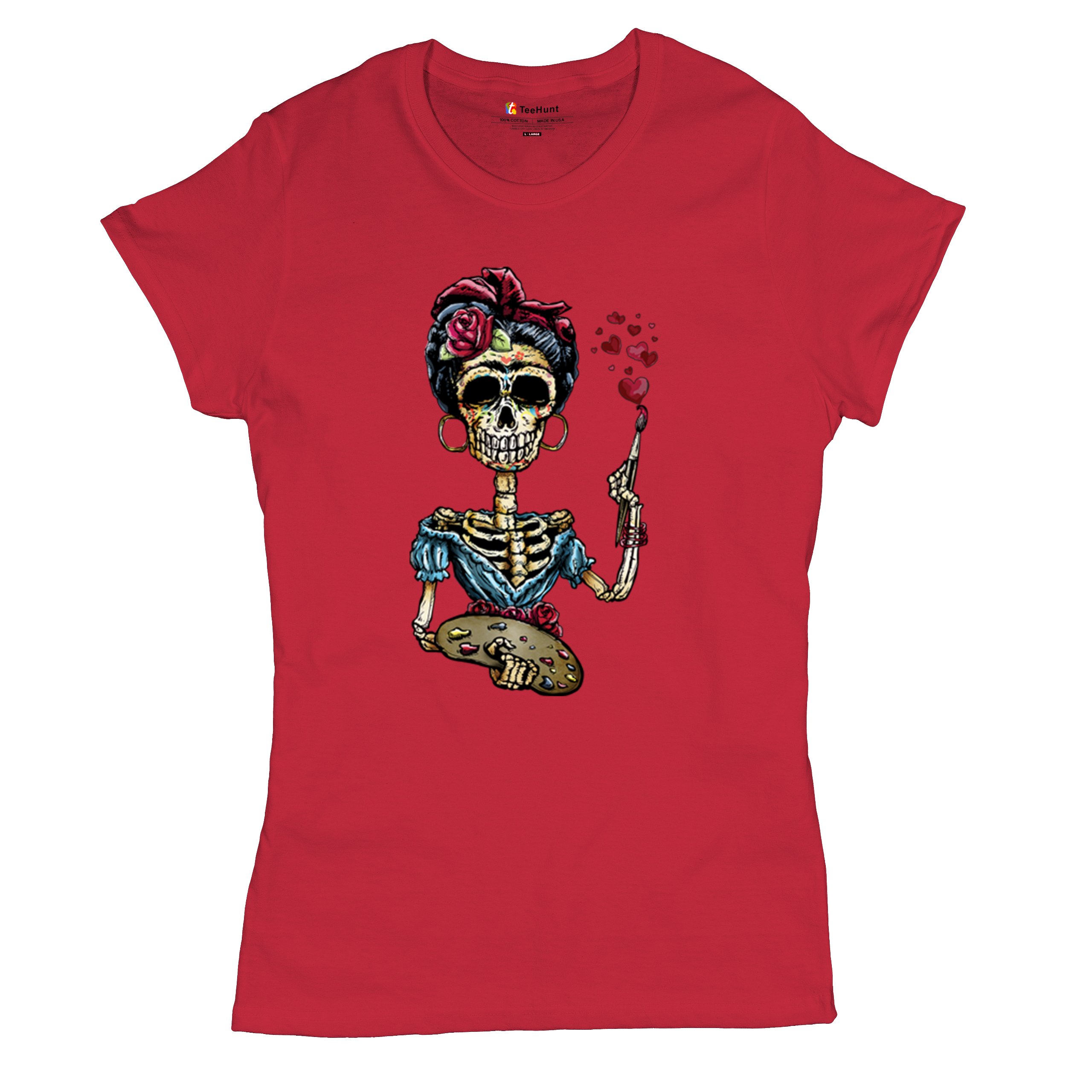 Frida Kahlo Sugar Skull T-Shirt Calavera Mexican Day of the Dead Women's Tee - Picture 20 of 50