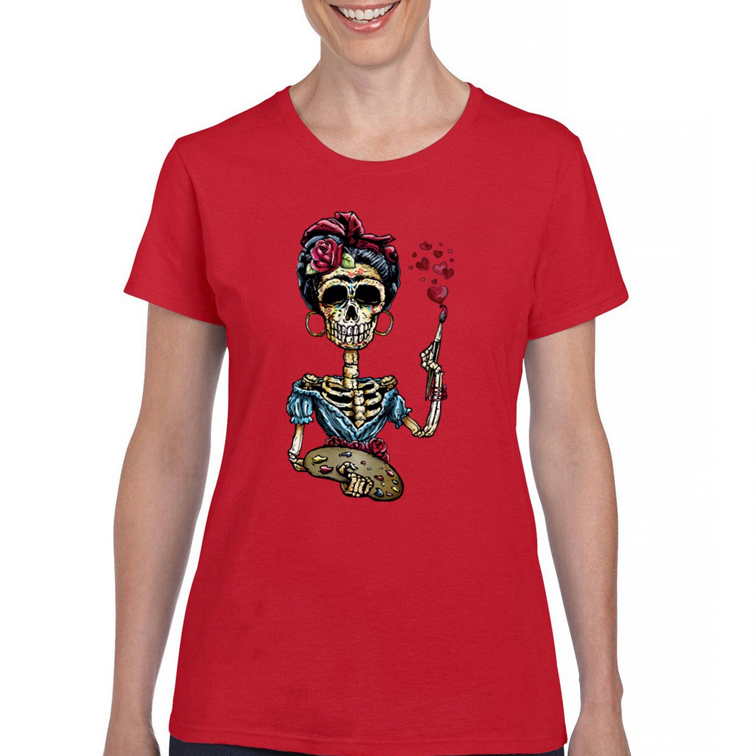 Frida Kahlo Sugar Skull T-Shirt Calavera Mexican Day of the Dead Women's Tee - Picture 16 of 50