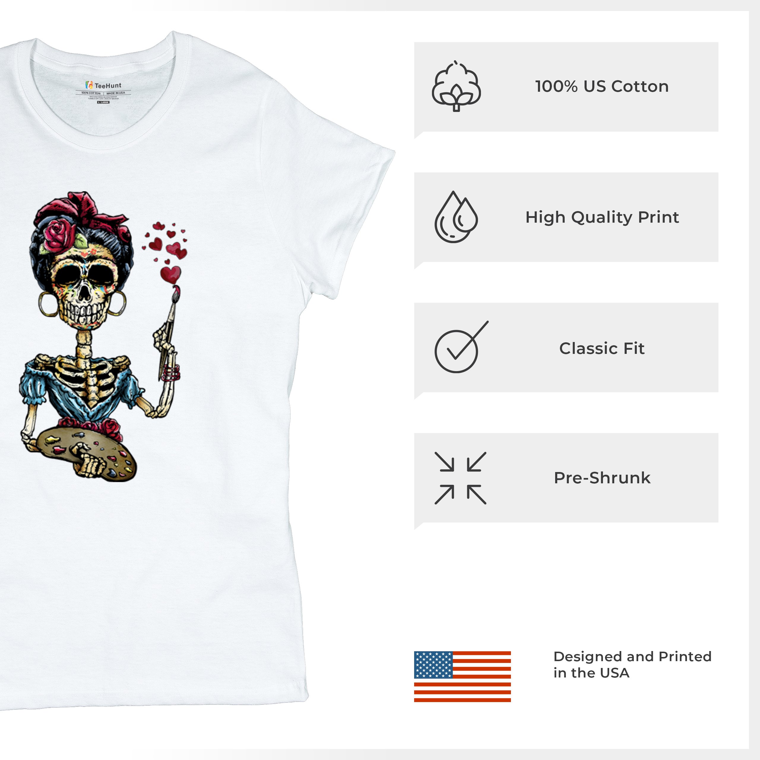 Frida Kahlo Sugar Skull T-Shirt Calavera Mexican Day of the Dead Women's Tee - Picture 28 of 50