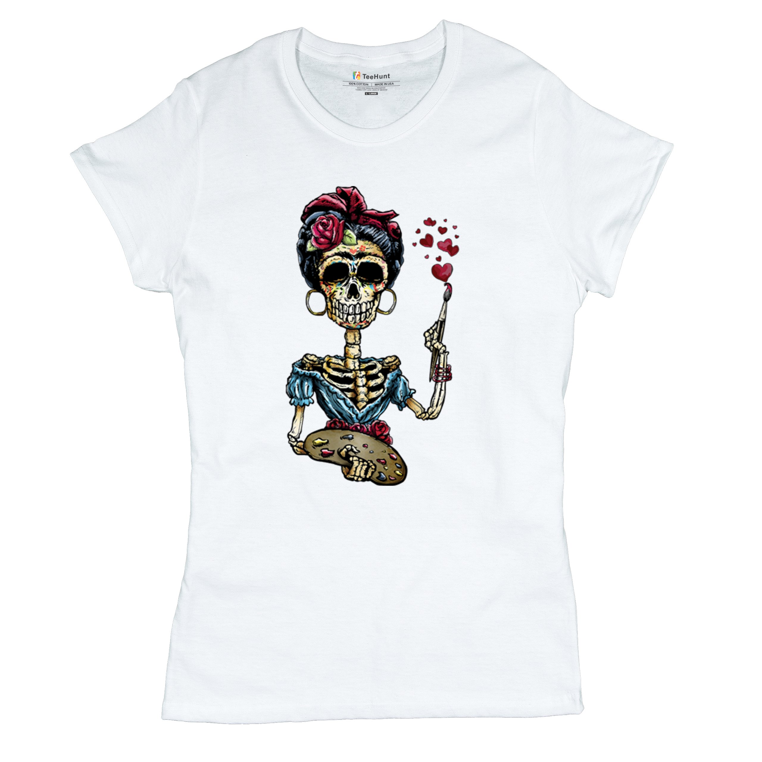 Frida Kahlo Sugar Skull T-Shirt Calavera Mexican Day of the Dead Women's Tee - Picture 27 of 50