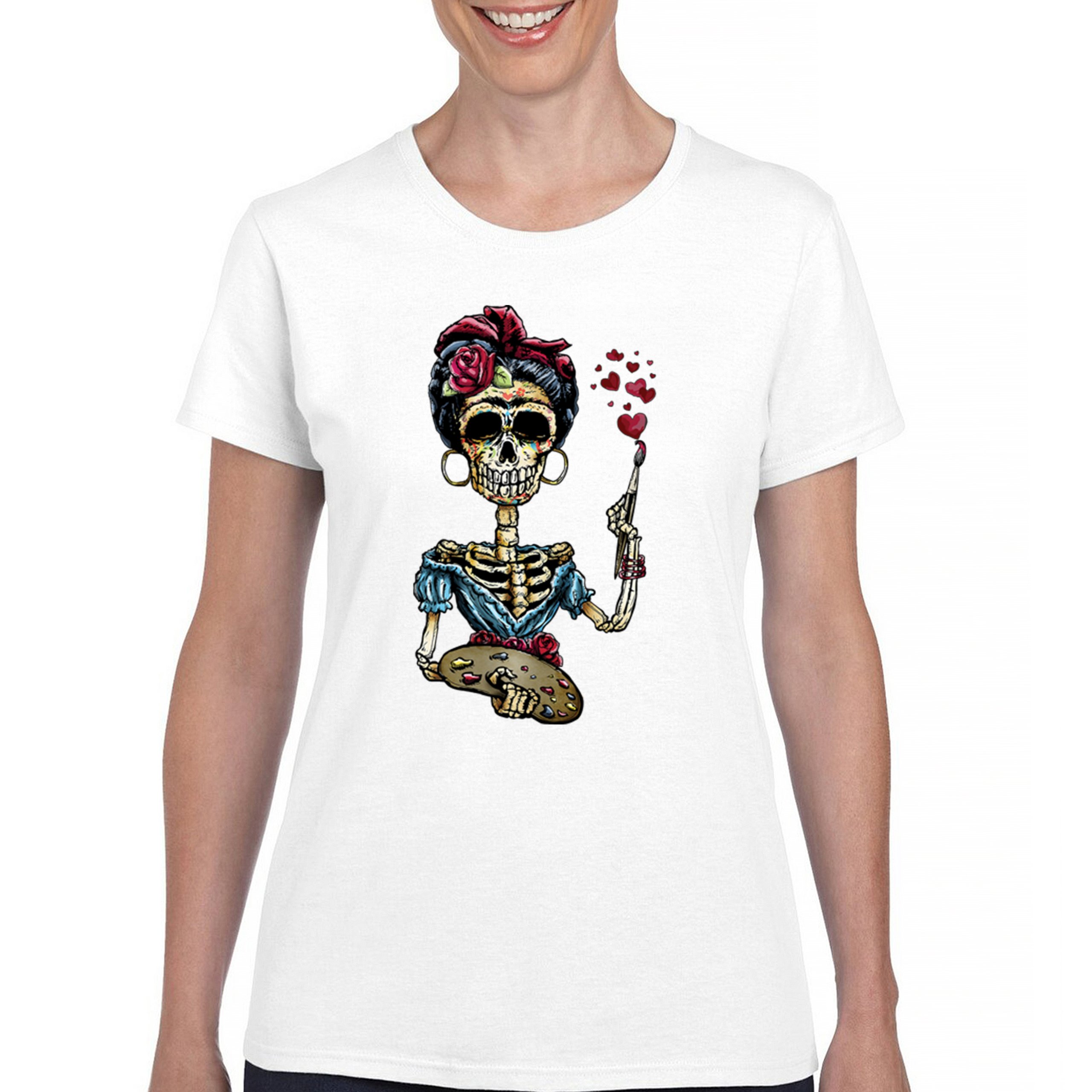 Frida Kahlo Sugar Skull T-Shirt Calavera Mexican Day of the Dead Women's Tee - Picture 23 of 50