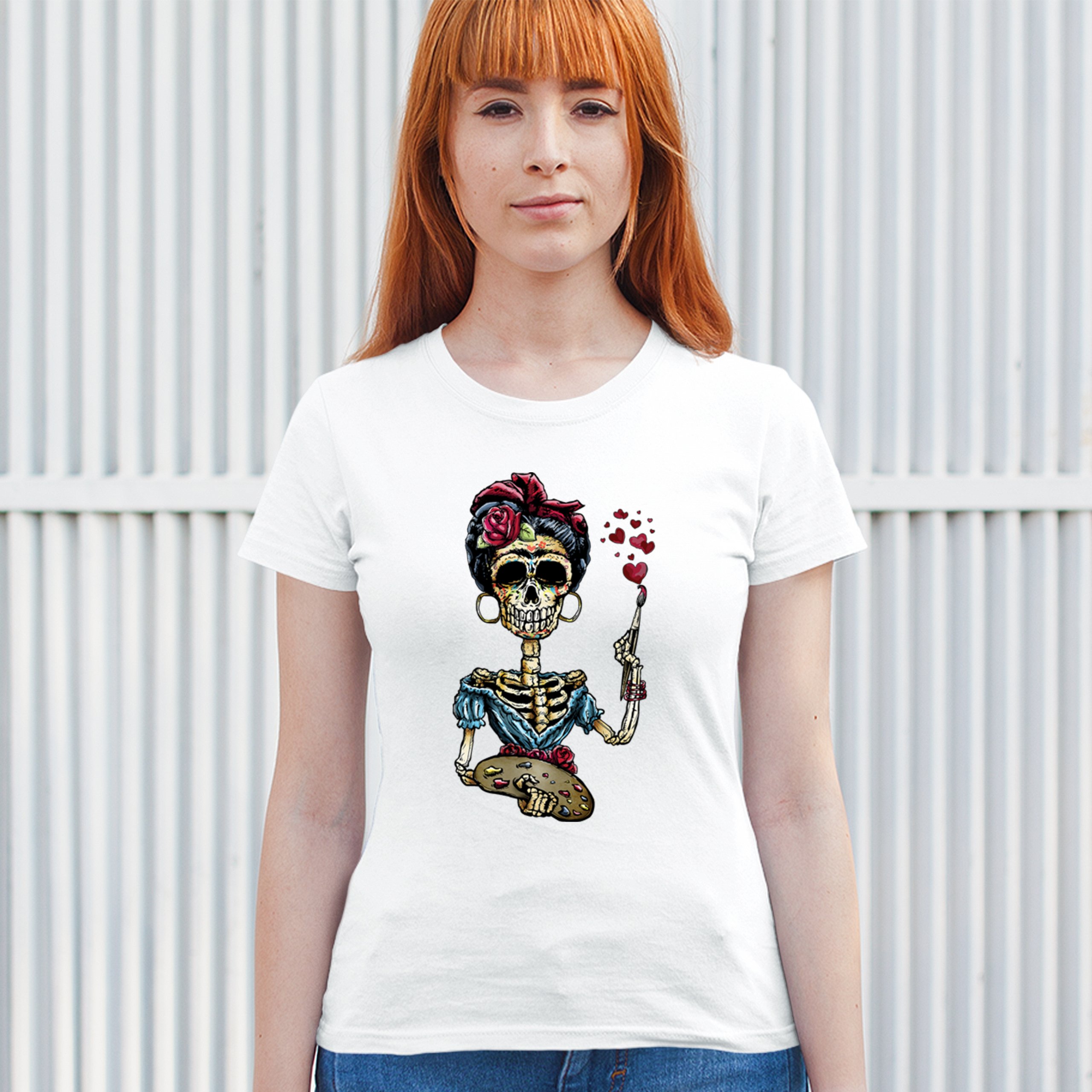 Frida Kahlo Sugar Skull T-Shirt Calavera Mexican Day of the Dead Women's Tee - Picture 26 of 50