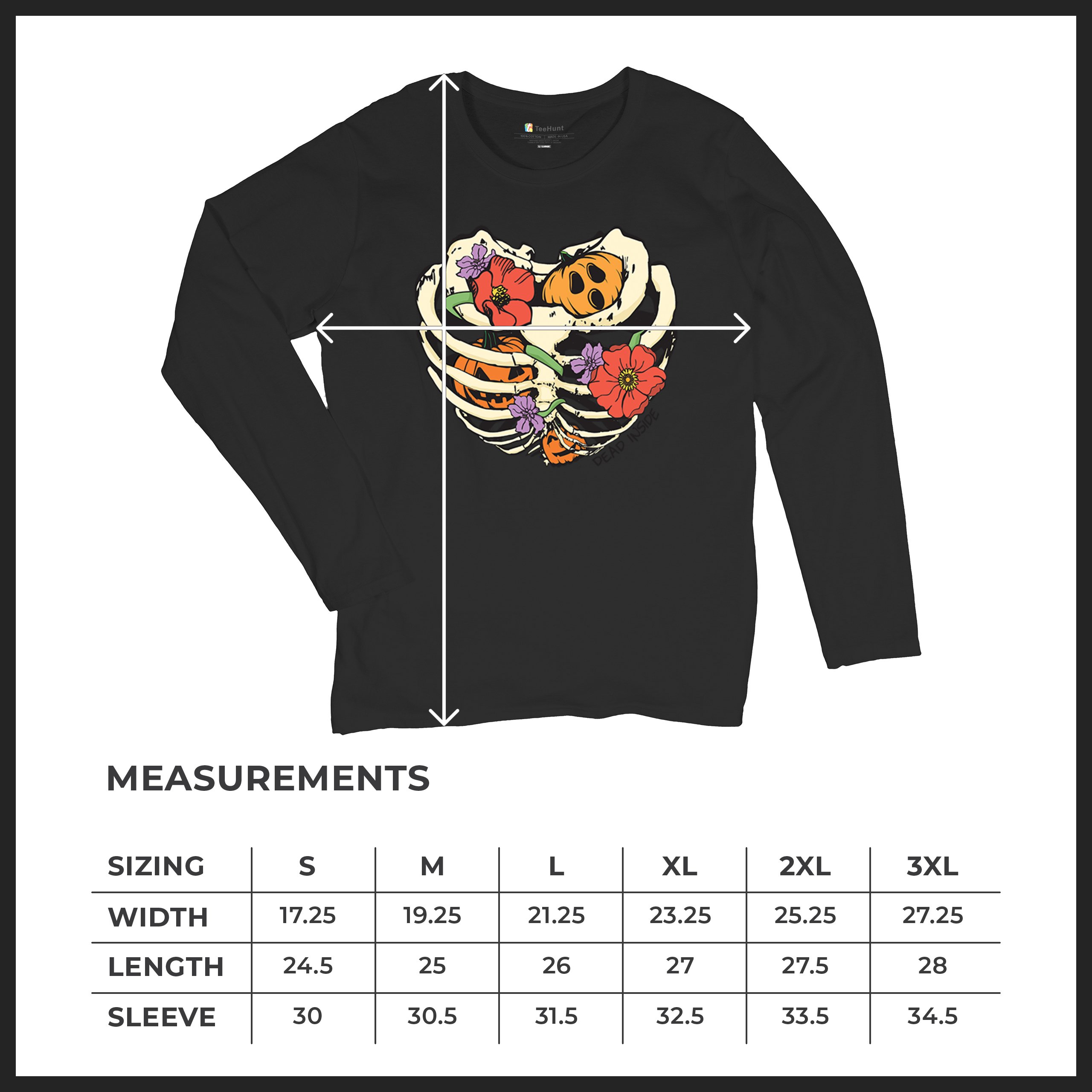 Dead Inside Women's Long Sleeve T-shirt Halloween Rib Cage Trick Or Treat Cute - Picture 8 of 50