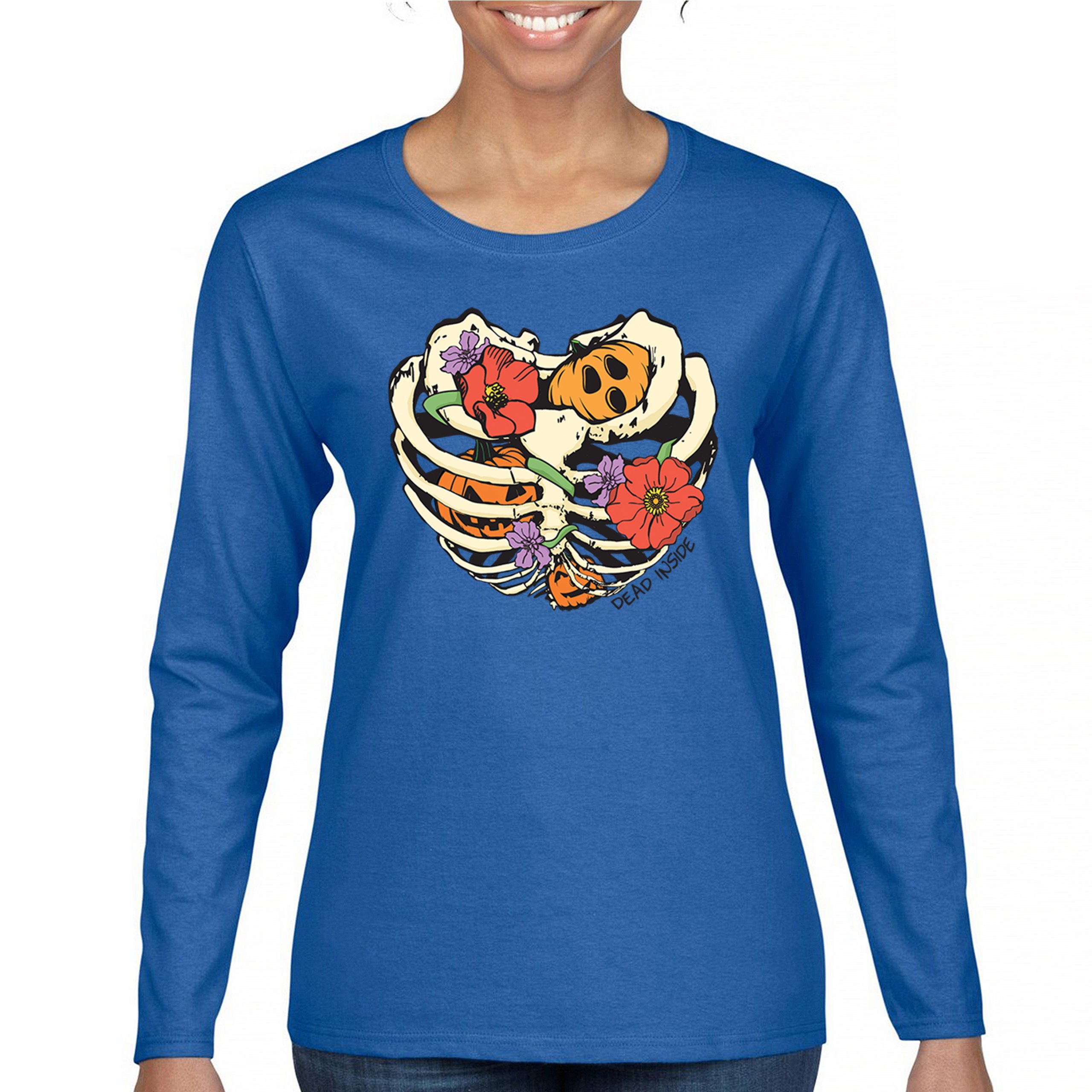 Dead Inside Women's Long Sleeve T-shirt Halloween Rib Cage Trick Or Treat Cute - Picture 37 of 50