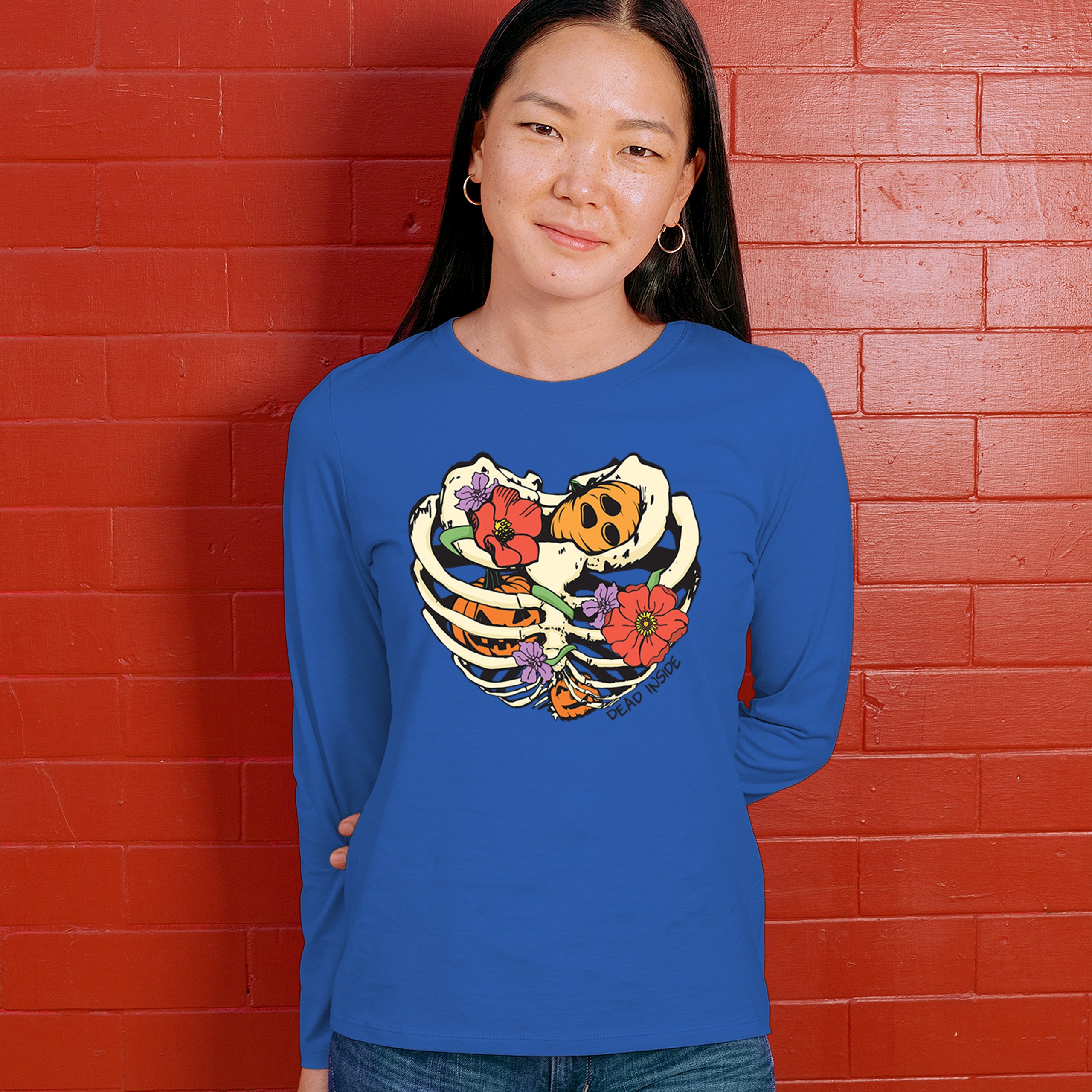 Dead Inside Women's Long Sleeve T-shirt Halloween Rib Cage Trick Or Treat Cute - Picture 40 of 50