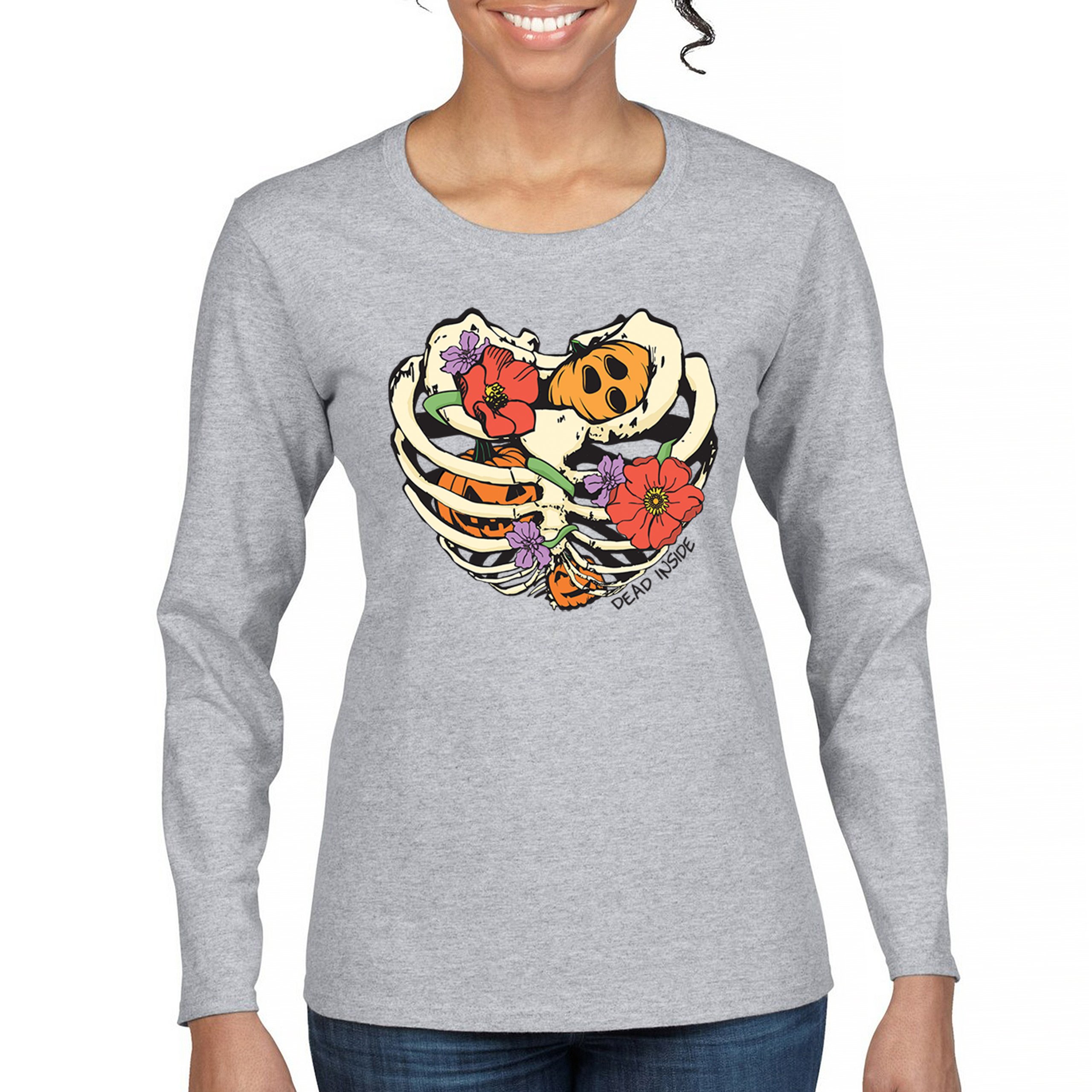 Dead Inside Women's Long Sleeve T-shirt Halloween Rib Cage Trick Or Treat Cute - Picture 9 of 50